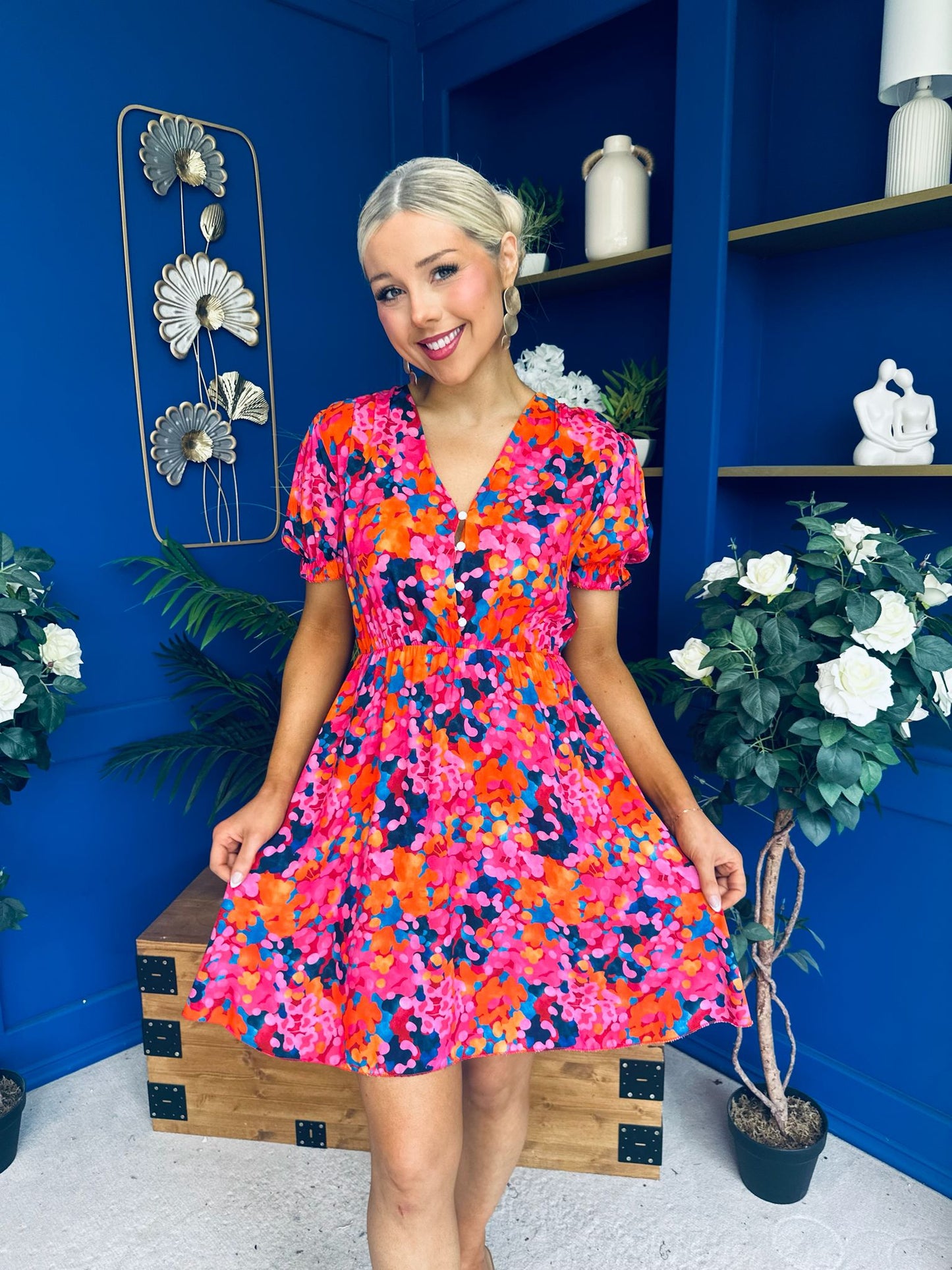 Laura Button Detail Mini Dress Floral Multi