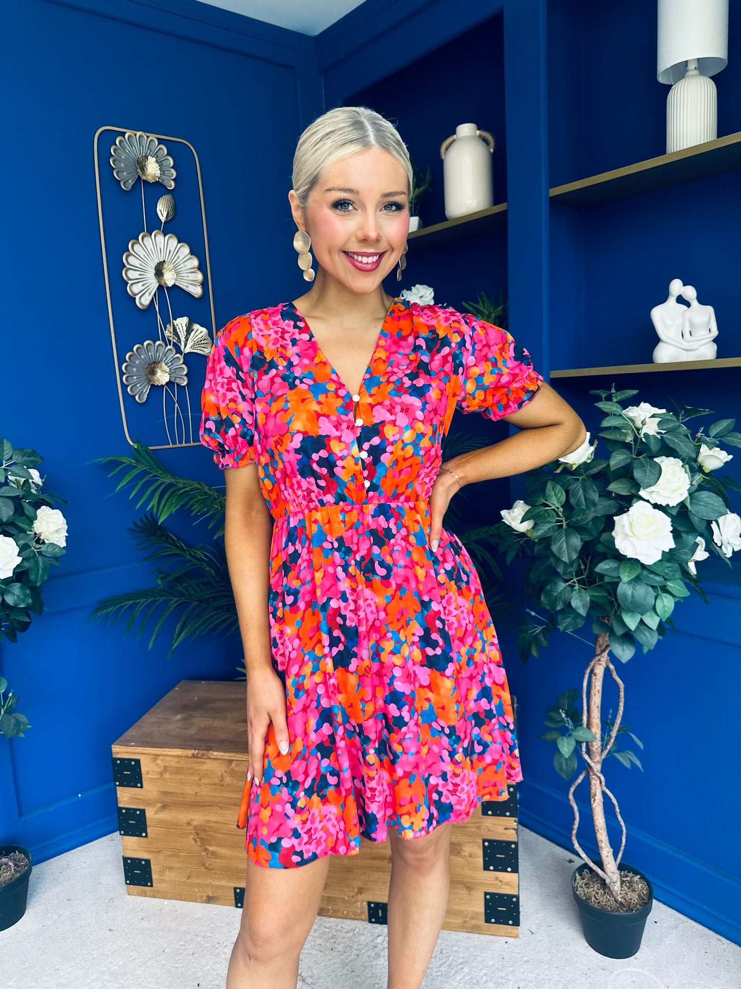 Laura Button Detail Mini Dress Floral Multi