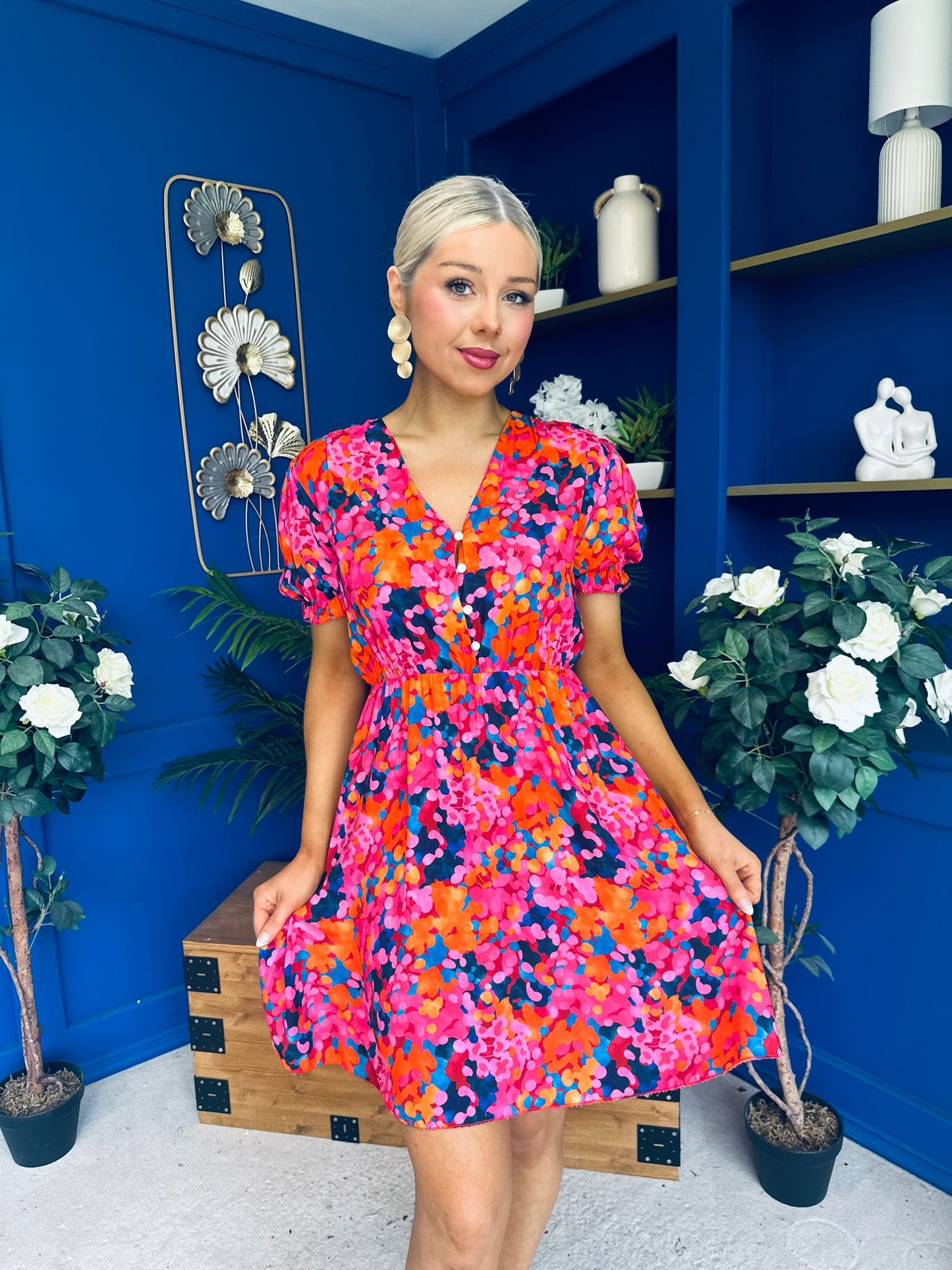Laura Button Detail Mini Dress Floral Multi