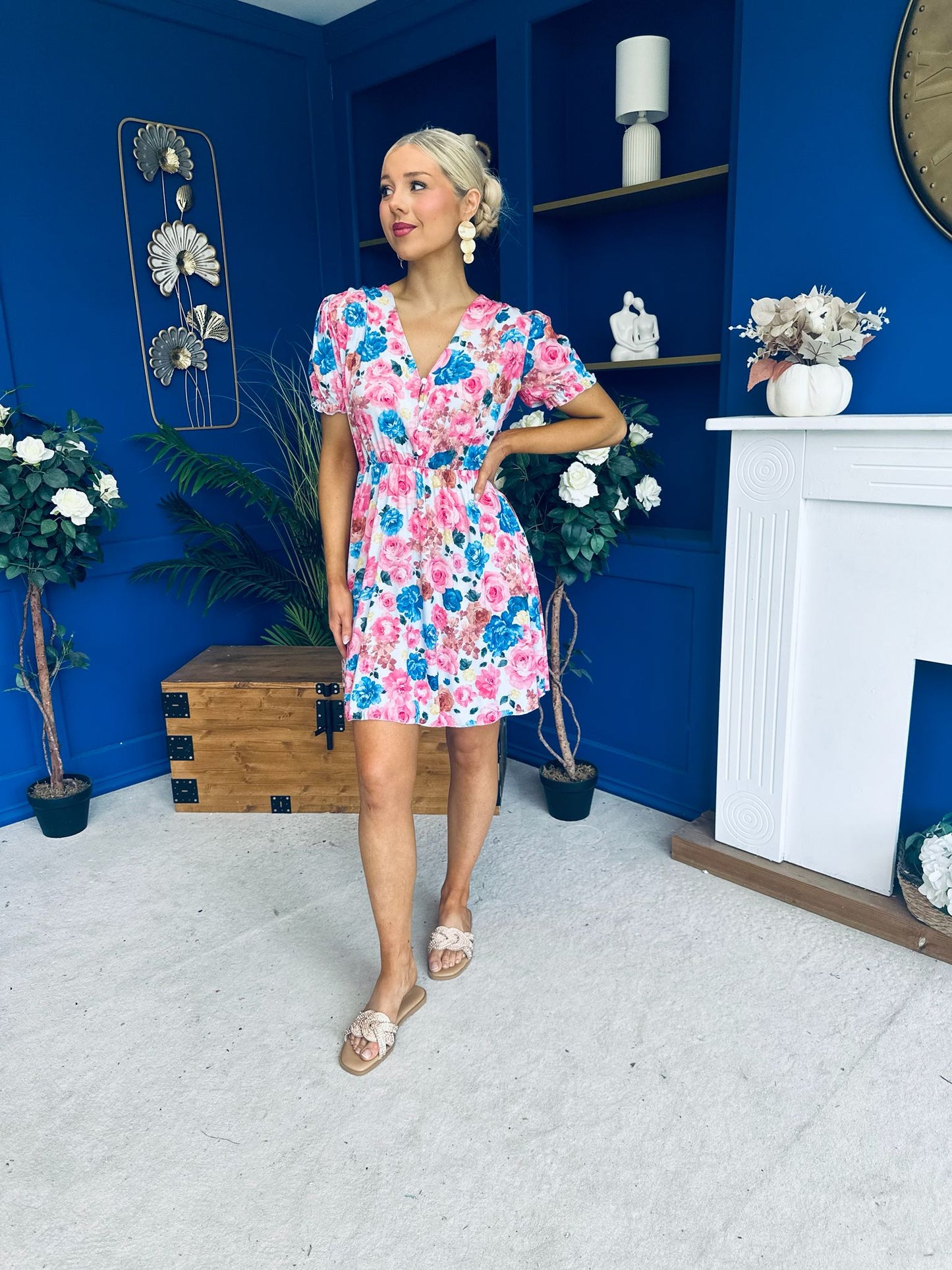 Laura Button Detail Mini Dress Floral Blue