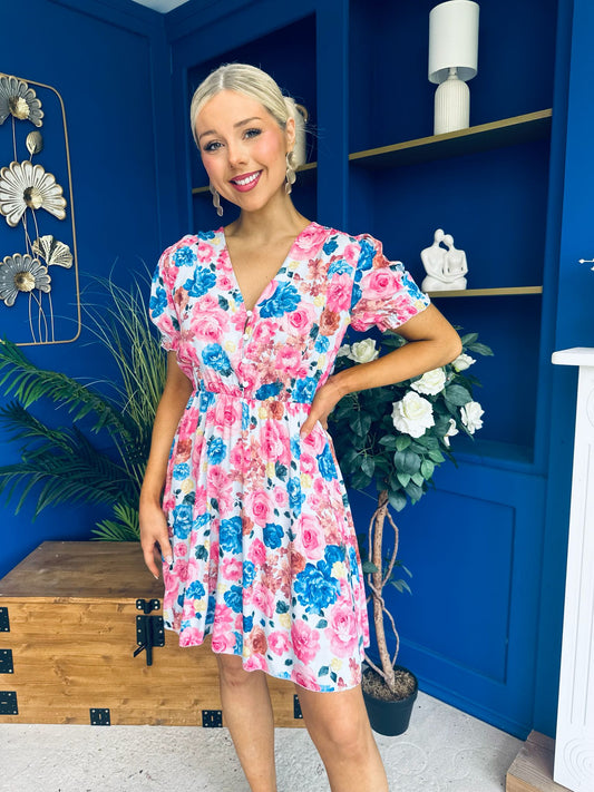 Laura Button Detail Mini Dress Floral Blue