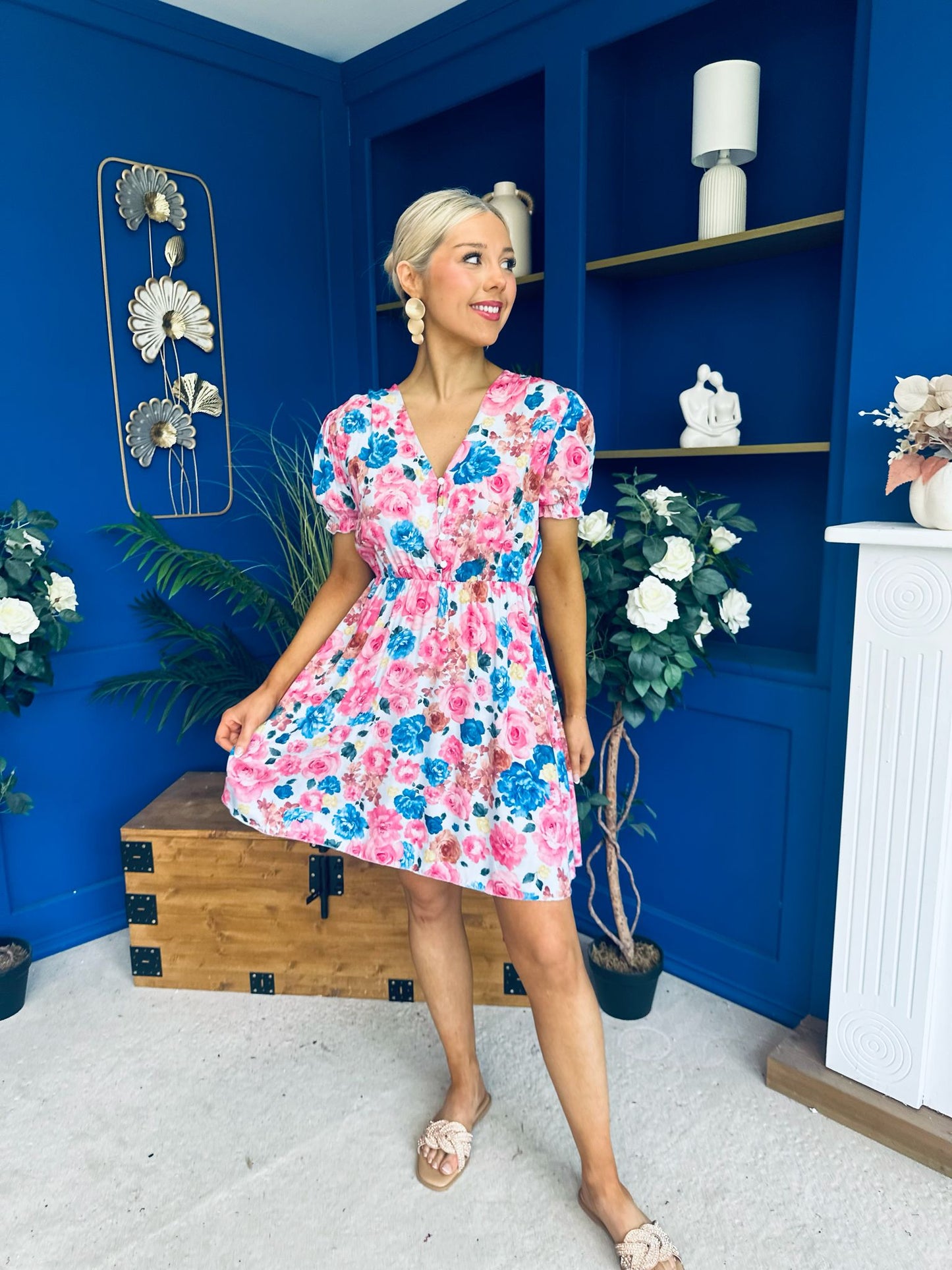 Laura Button Detail Mini Dress Floral Blue