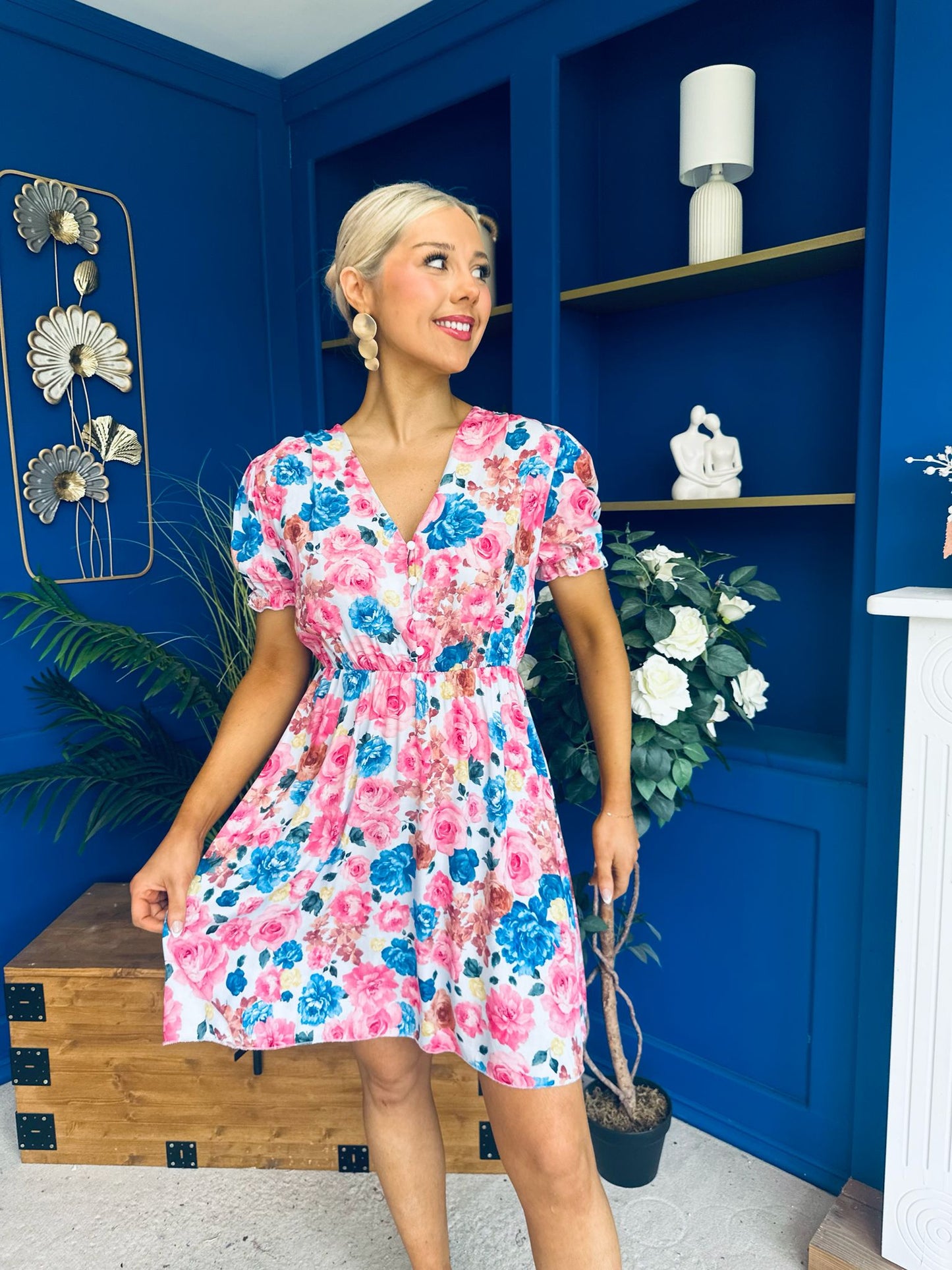 Laura Button Detail Mini Dress Floral Blue