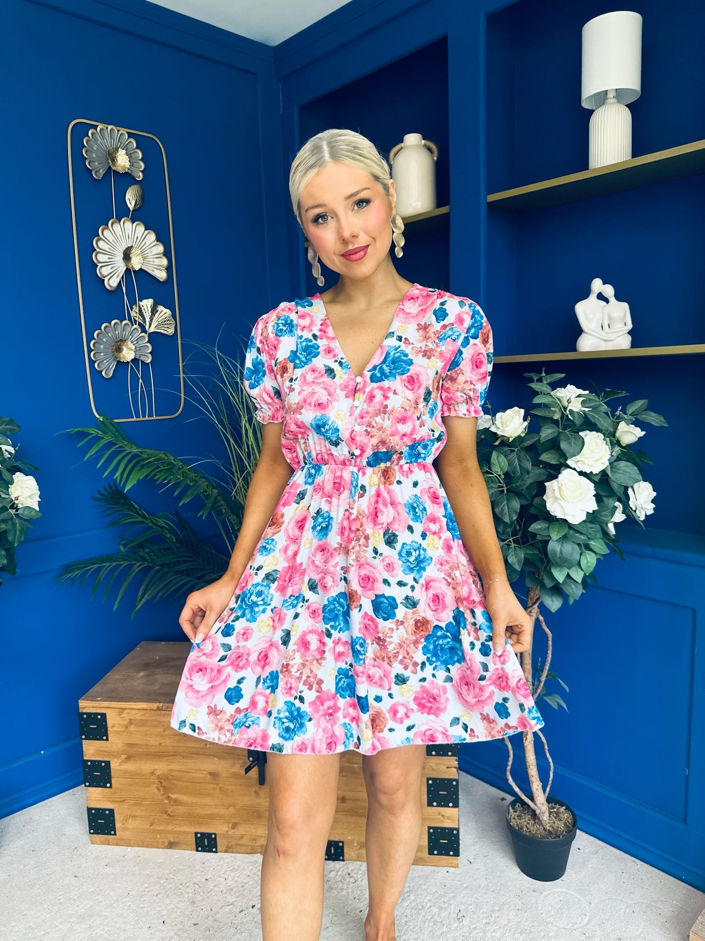 Laura Button Detail Mini Dress Floral Blue
