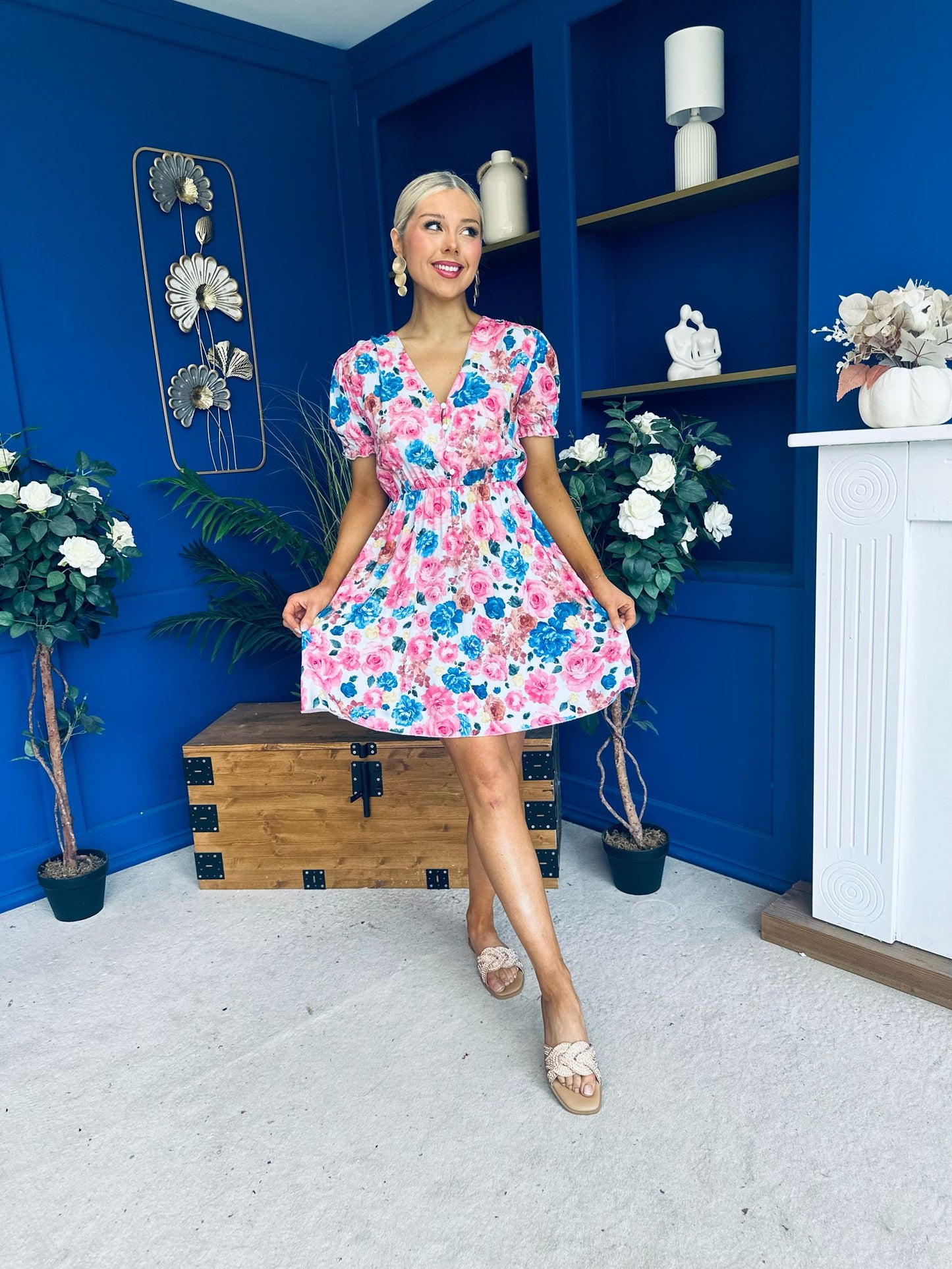 Laura Button Detail Mini Dress Floral Blue
