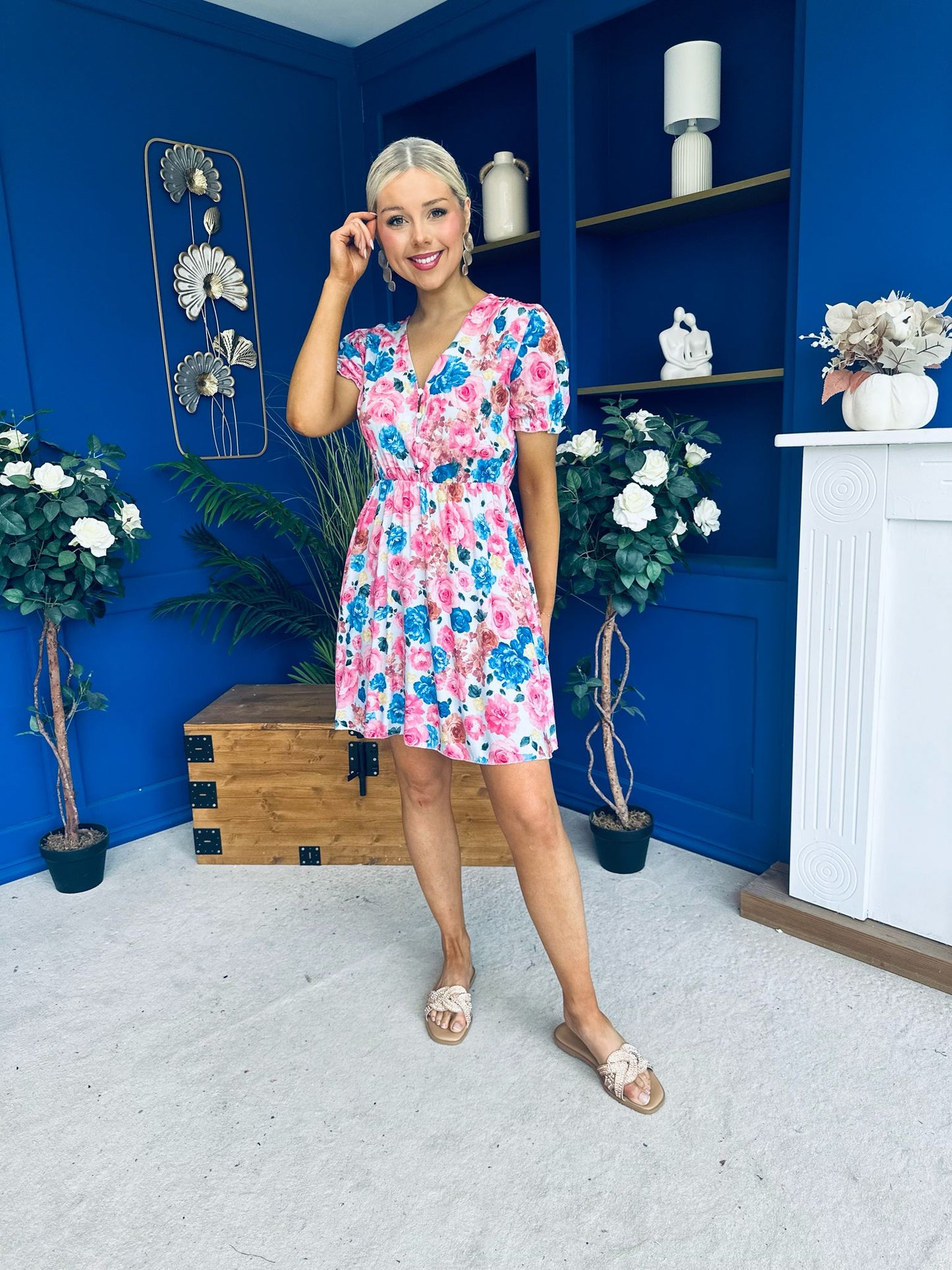 Laura Button Detail Mini Dress Floral Blue