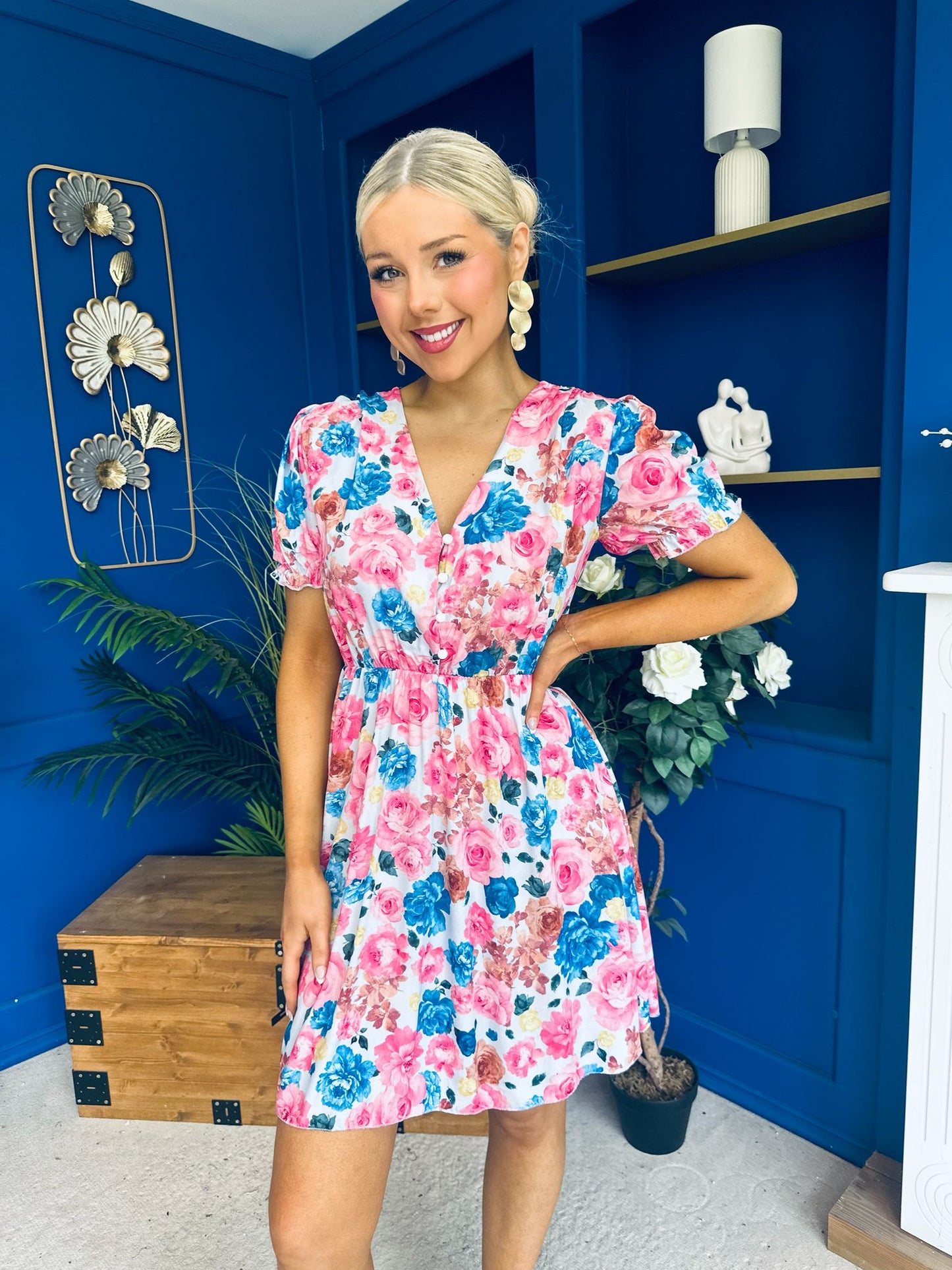 Laura Button Detail Mini Dress Floral Blue