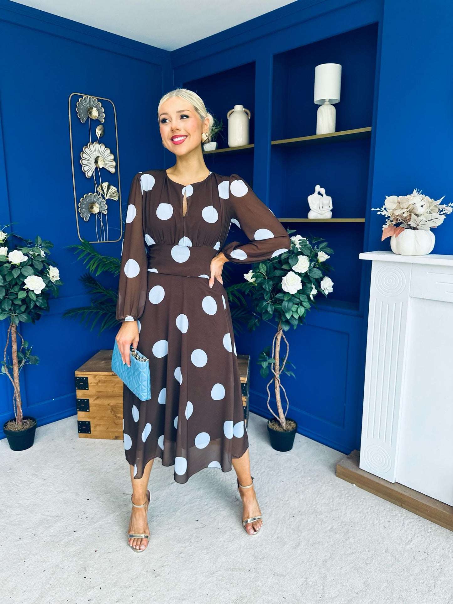 Lucy Detailed Midi Dress Blue Polka Coco