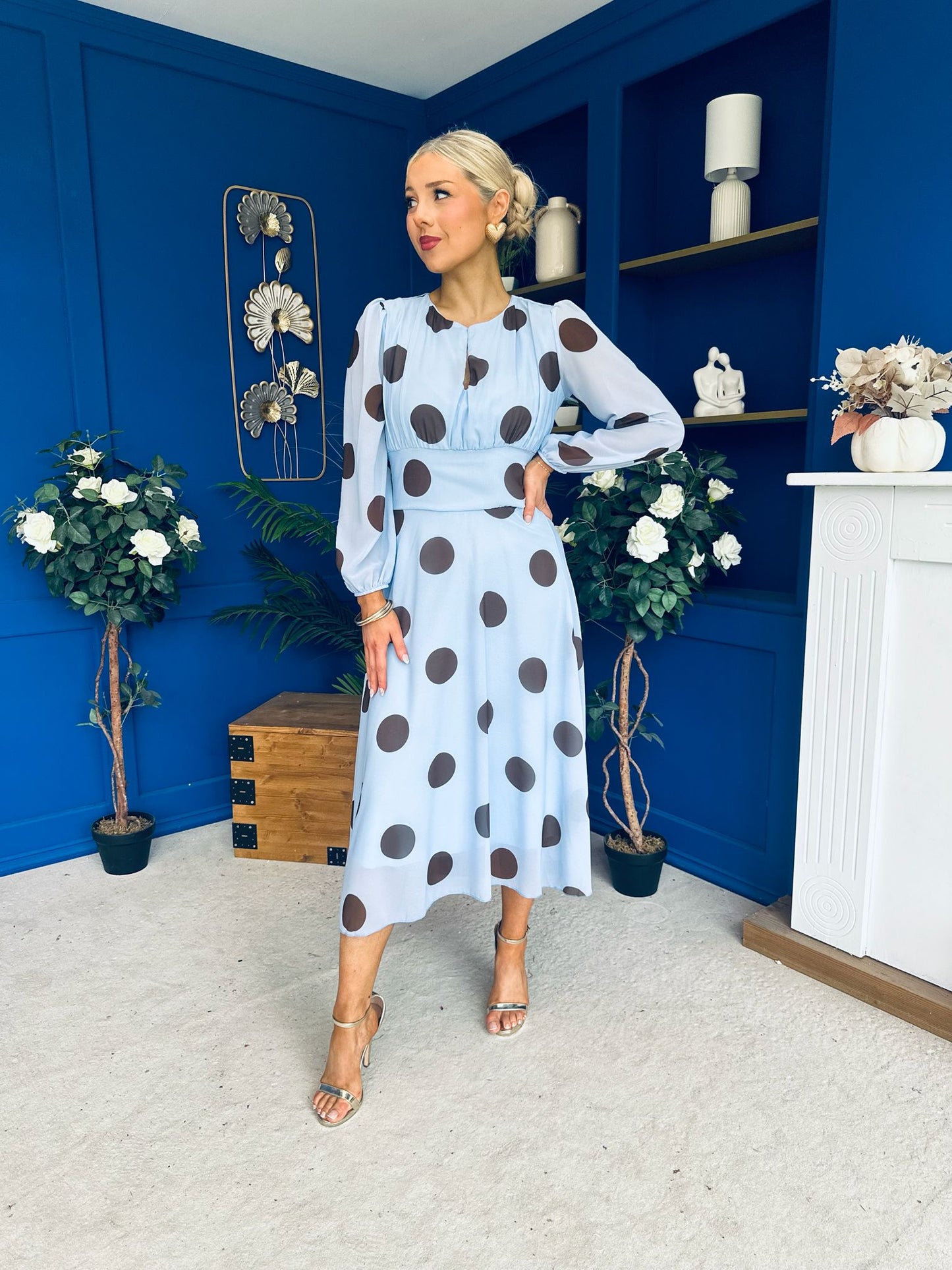 Lucy Detailed Midi Dress Coco Polka Sky Blue