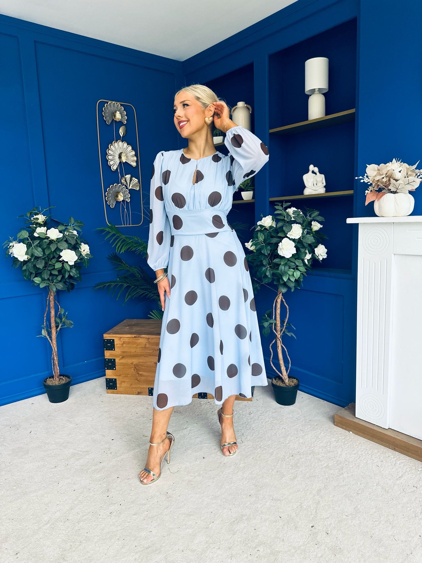 Lucy Detailed Midi Dress Coco Polka Sky Blue