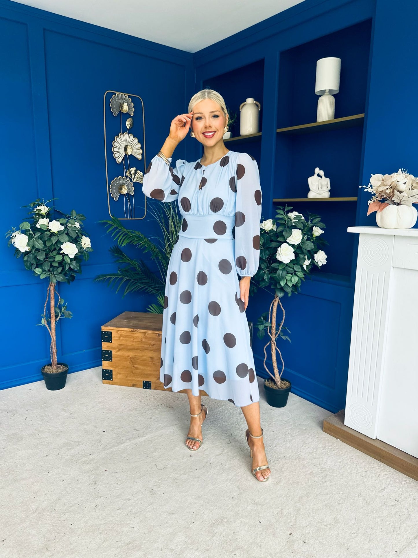 Lucy Detailed Midi Dress Coco Polka Sky Blue