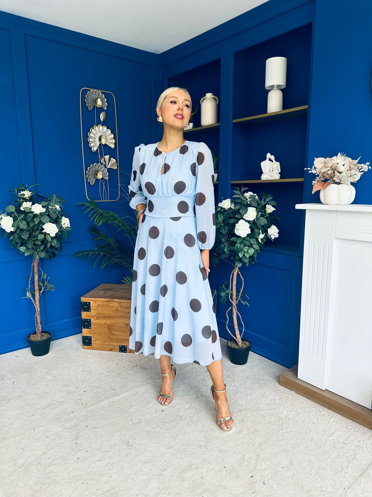 Lucy Detailed Midi Dress Coco Polka Sky Blue