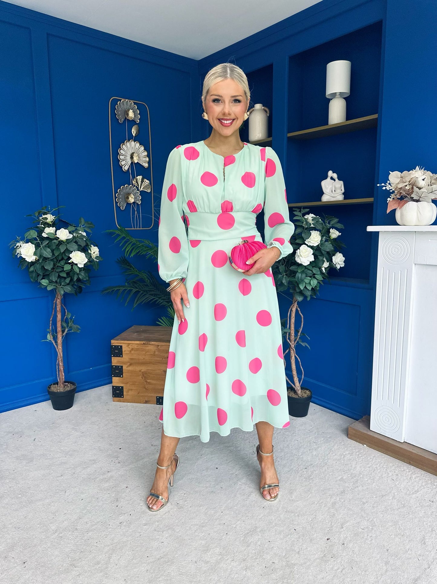 Lucy Detailed Midi Dress Pink Polka Green