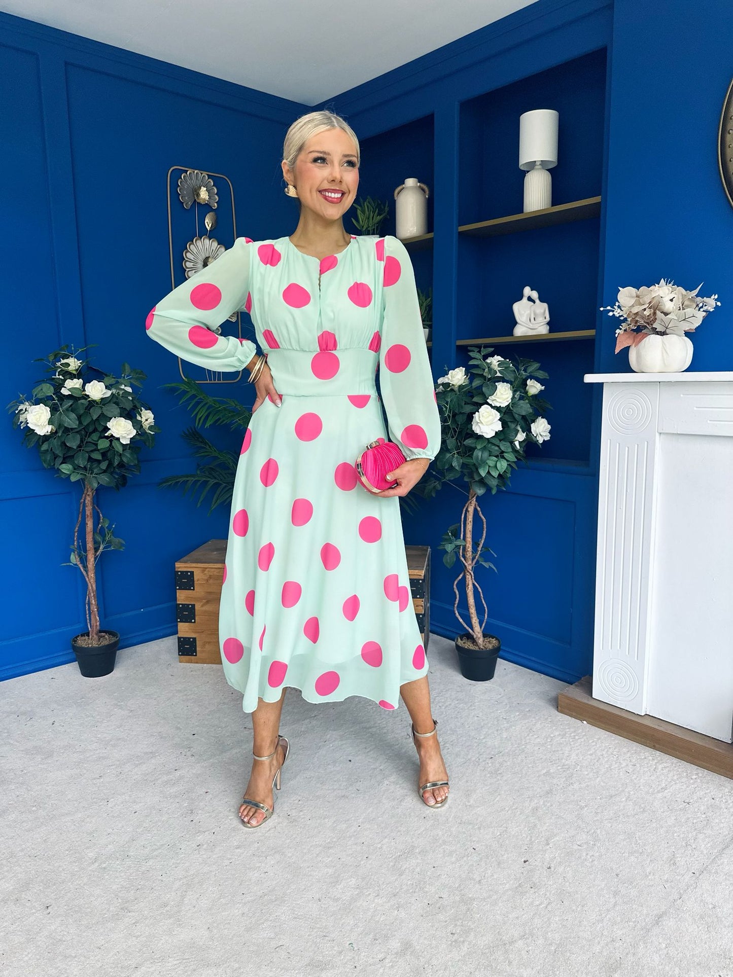 Lucy Detailed Midi Dress Pink Polka Green