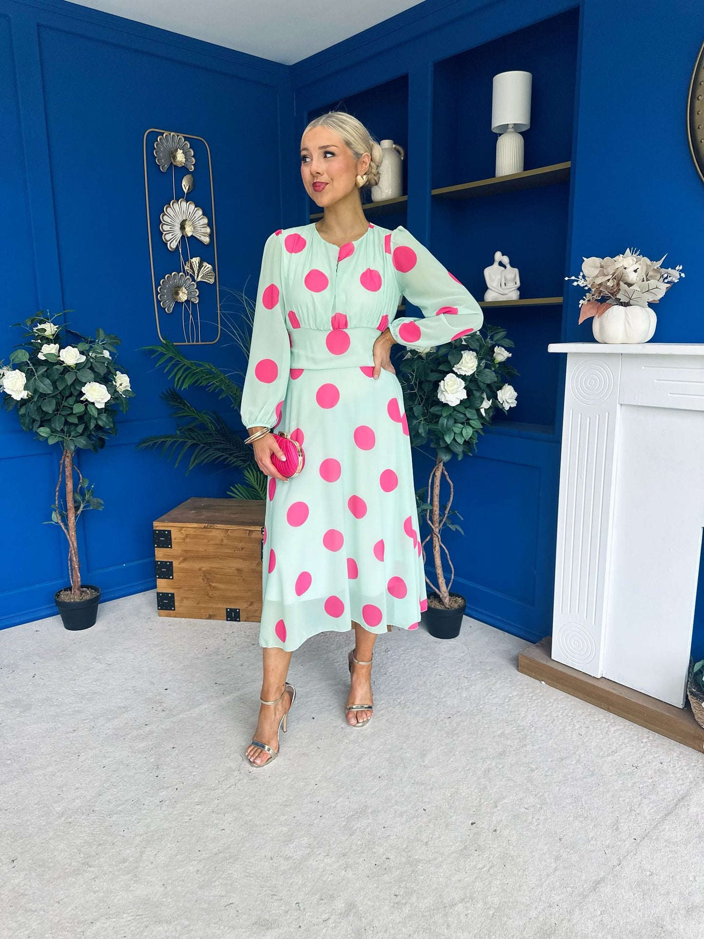 Lucy Detailed Midi Dress Pink Polka Green