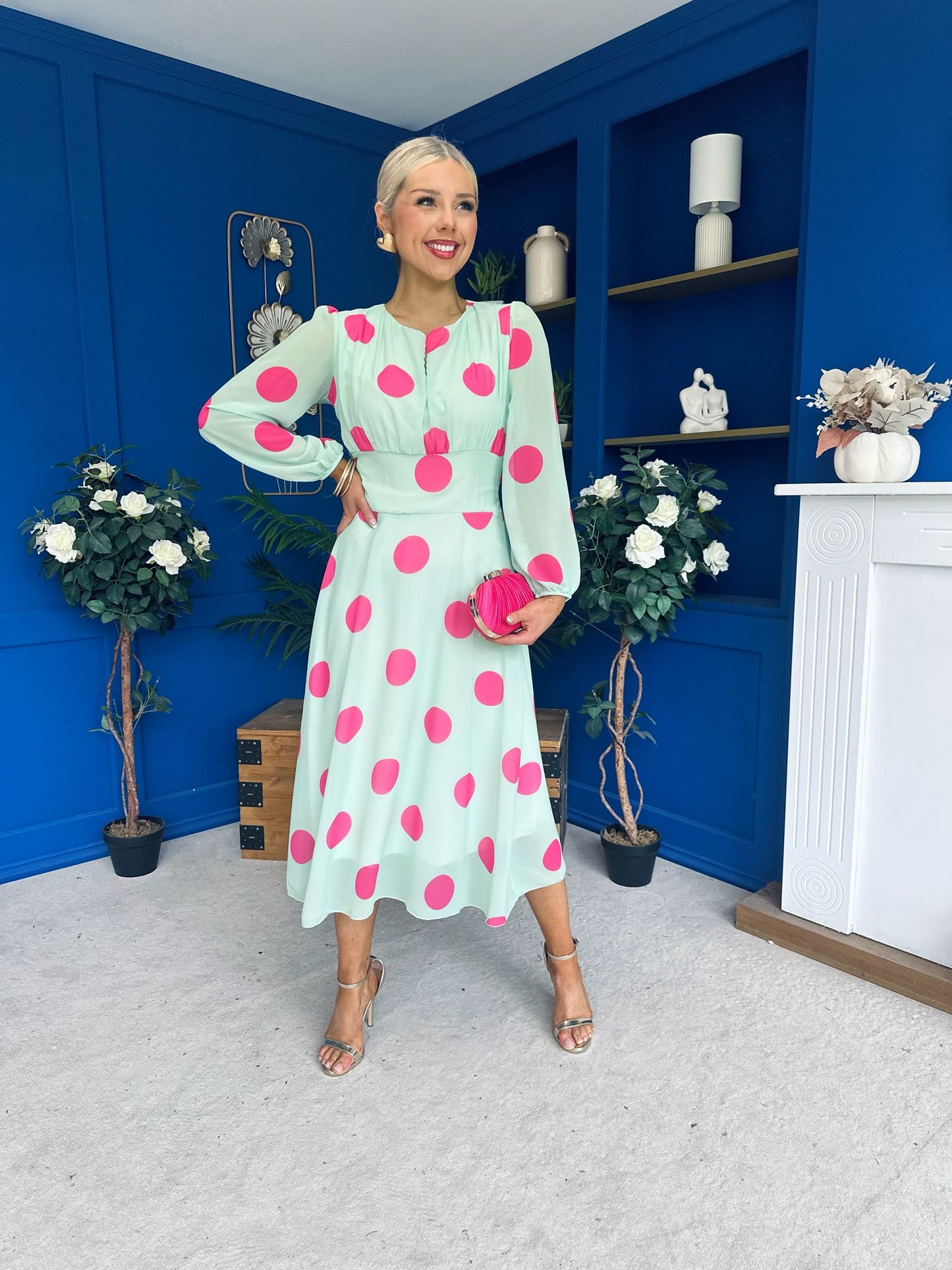 Lucy Detailed Midi Dress Pink Polka Green