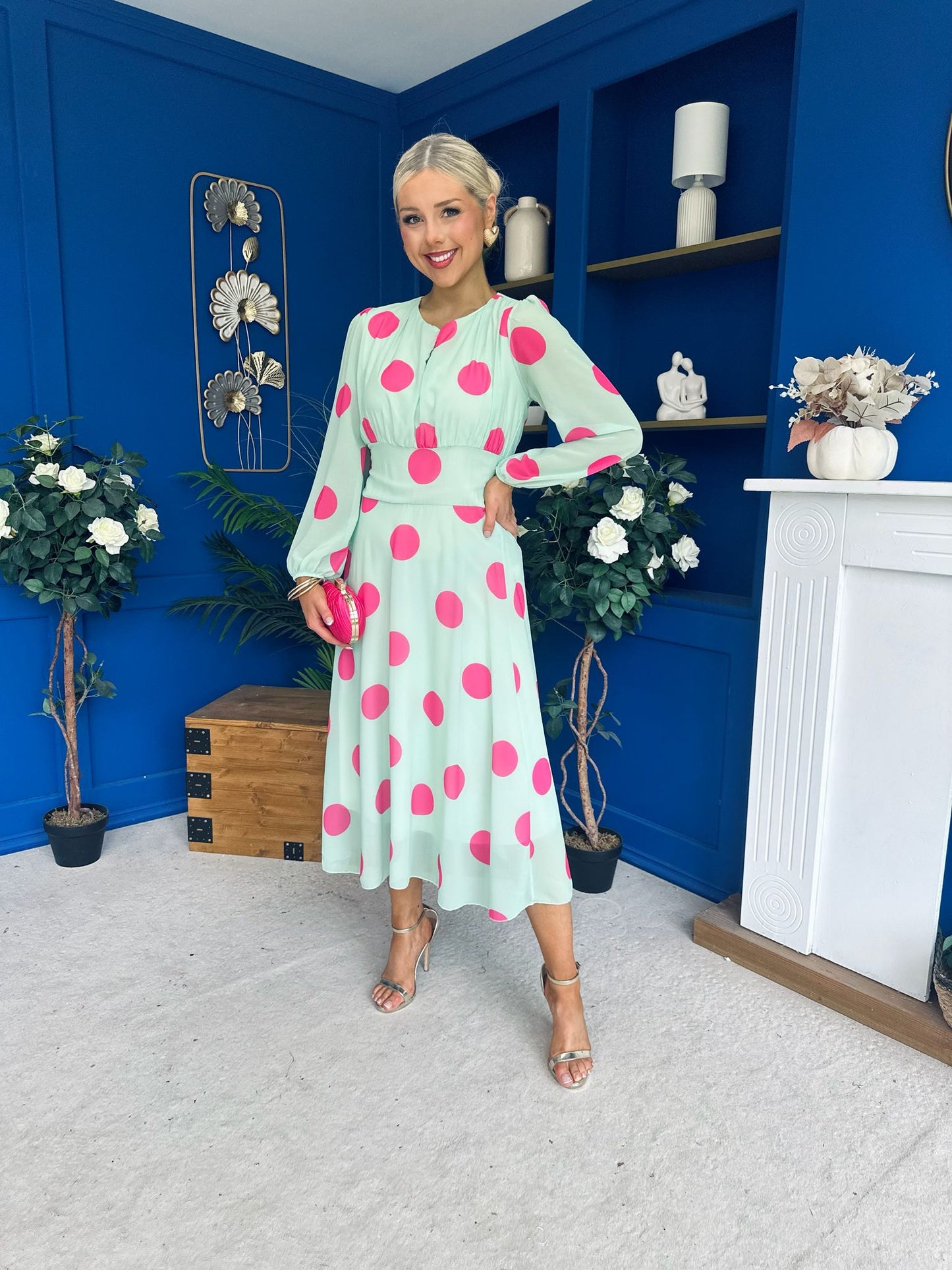 Lucy Detailed Midi Dress Pink Polka Green