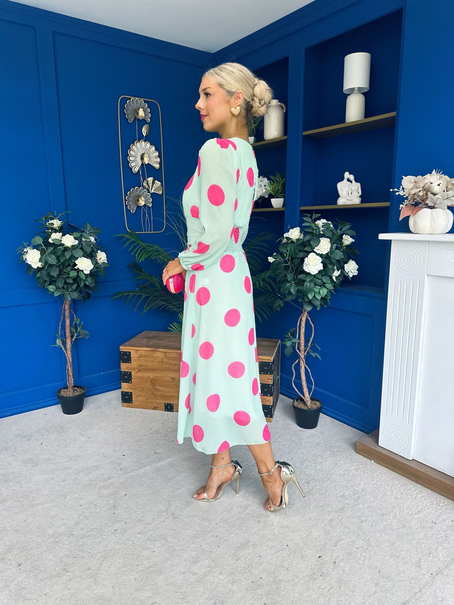 Lucy Detailed Midi Dress Pink Polka Green
