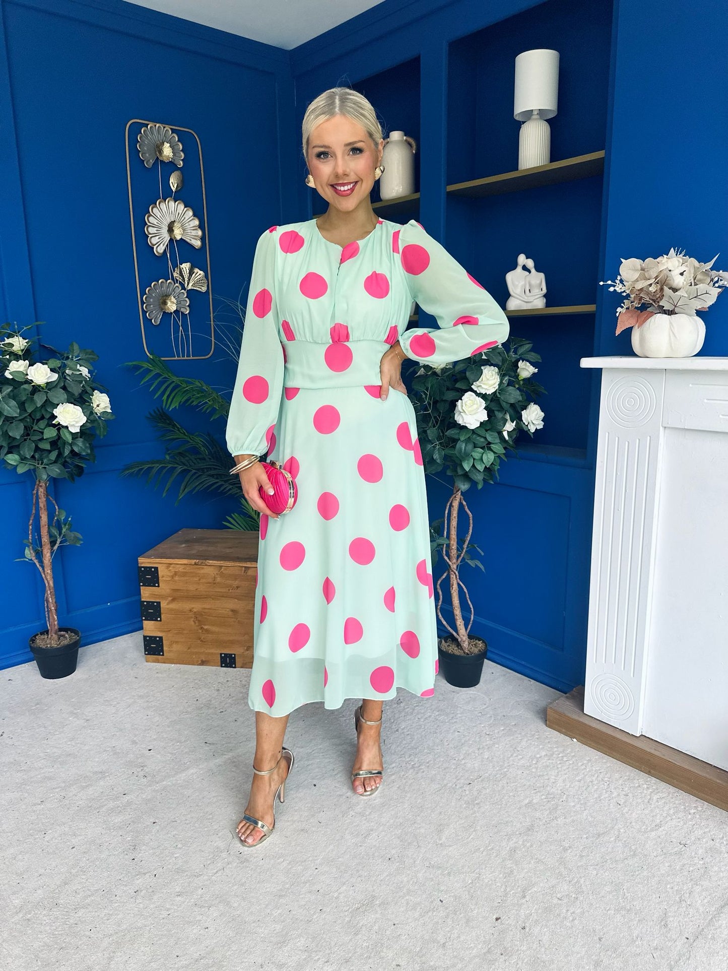 Lucy Detailed Midi Dress Pink Polka Green