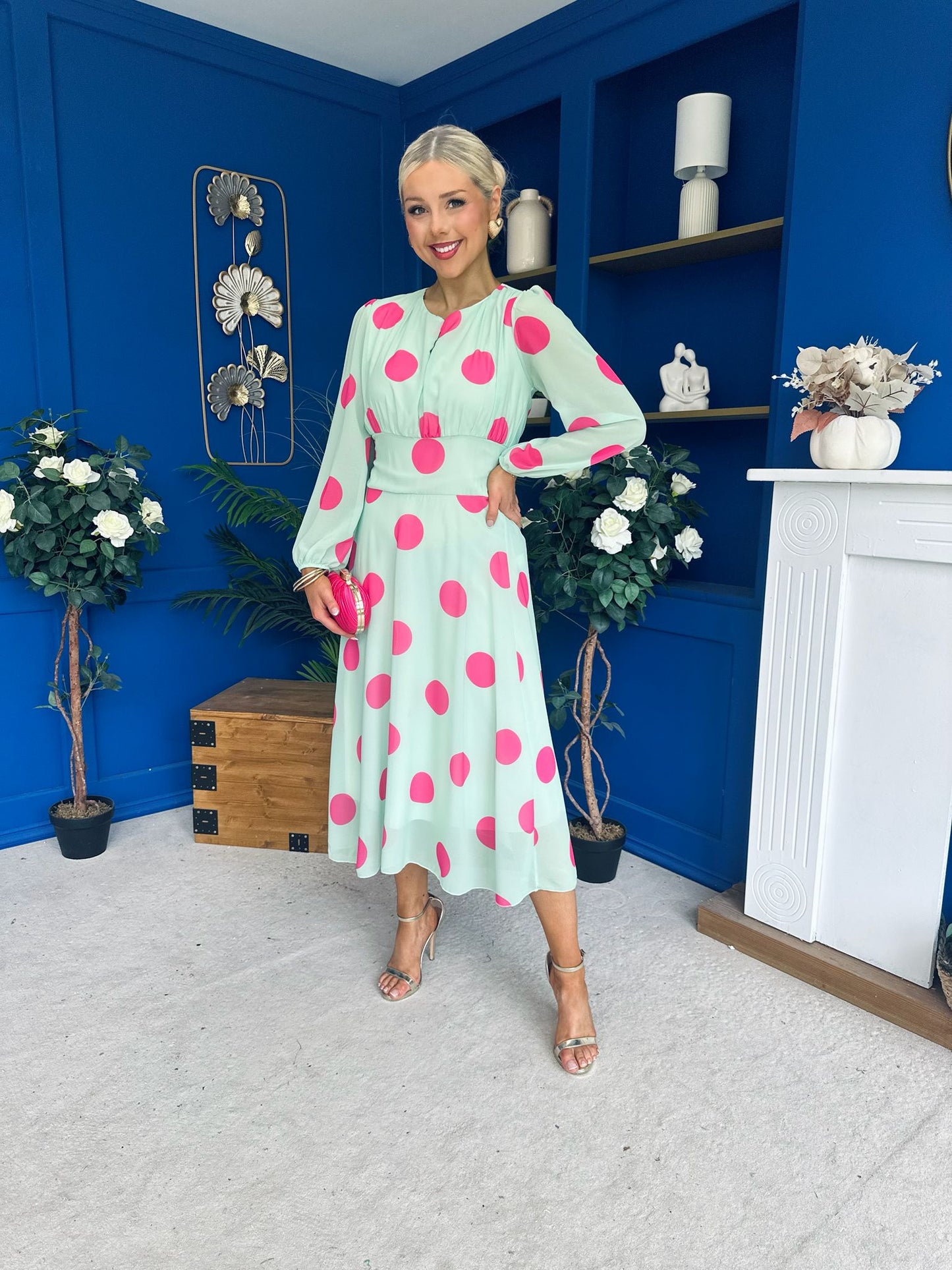 Lucy Detailed Midi Dress Pink Polka Green