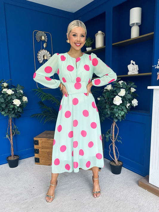 Lucy Detailed Midi Dress Pink Polka Green