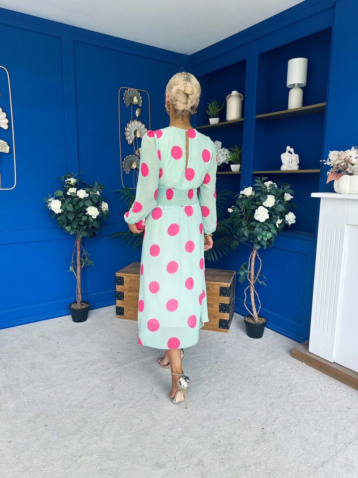 Lucy Detailed Midi Dress Pink Polka Green