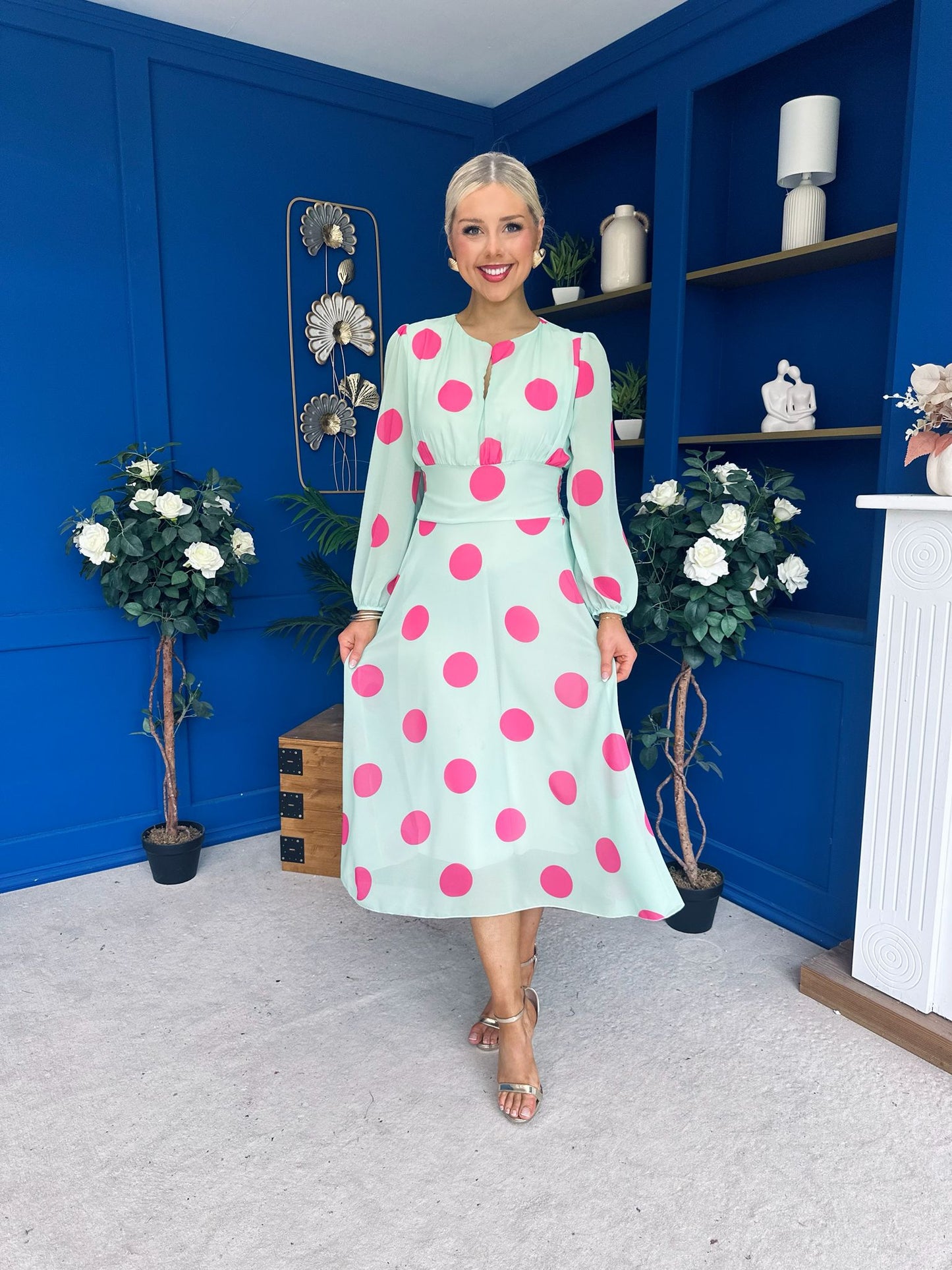 Lucy Detailed Midi Dress Pink Polka Green