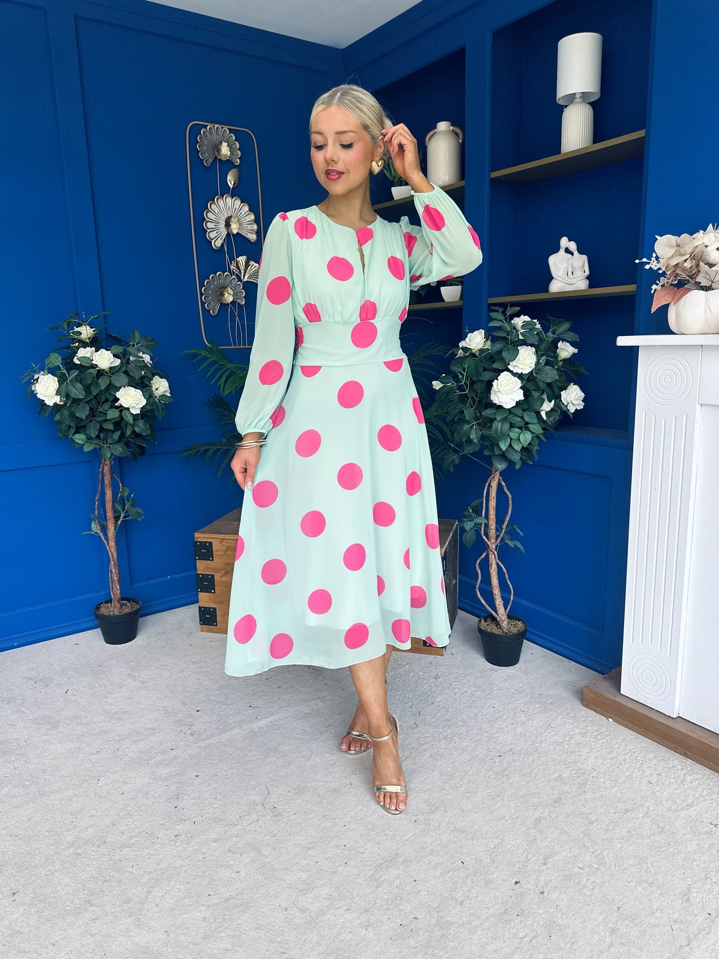 Lucy Detailed Midi Dress Pink Polka Green