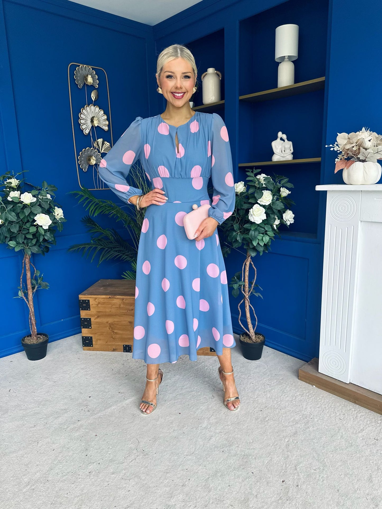 Lucy Detailed Midi Dress Pink Polka Blue