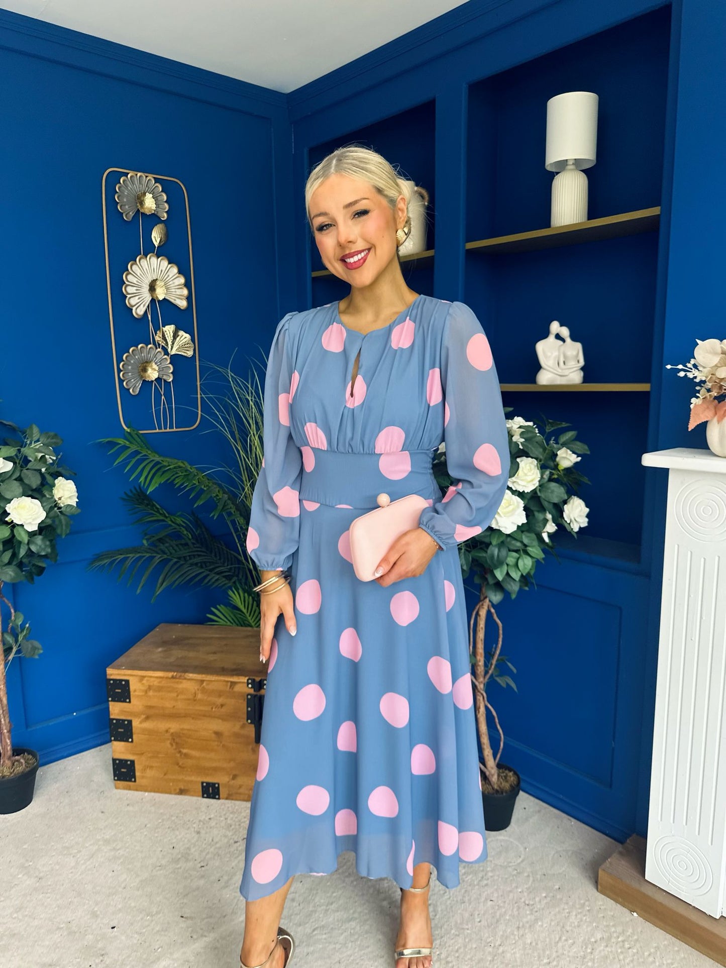 Lucy Detailed Midi Dress Pink Polka Blue