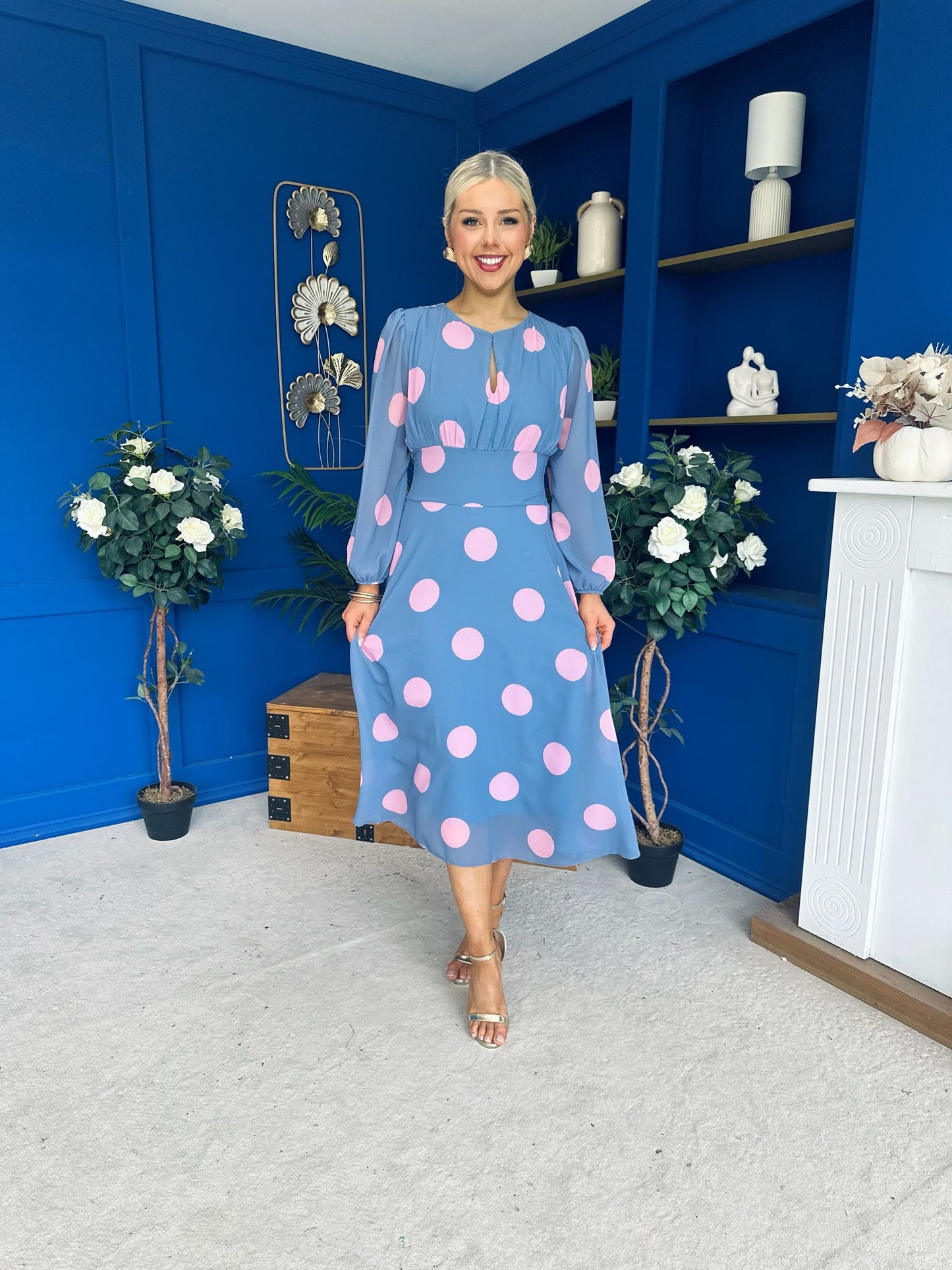 Lucy Detailed Midi Dress Pink Polka Blue