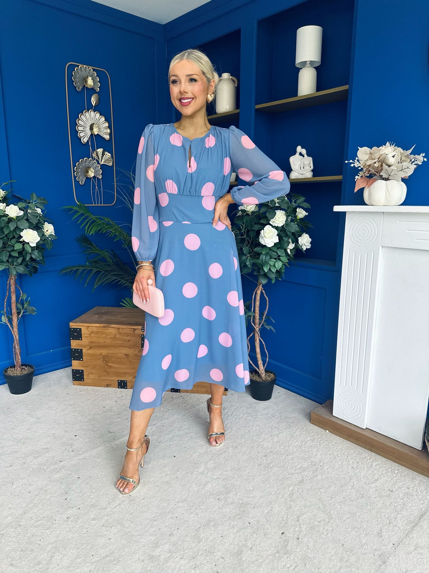 Lucy Detailed Midi Dress Pink Polka Blue