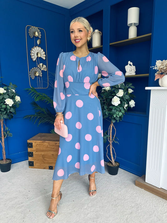 Lucy Detailed Midi Dress Pink Polka Blue