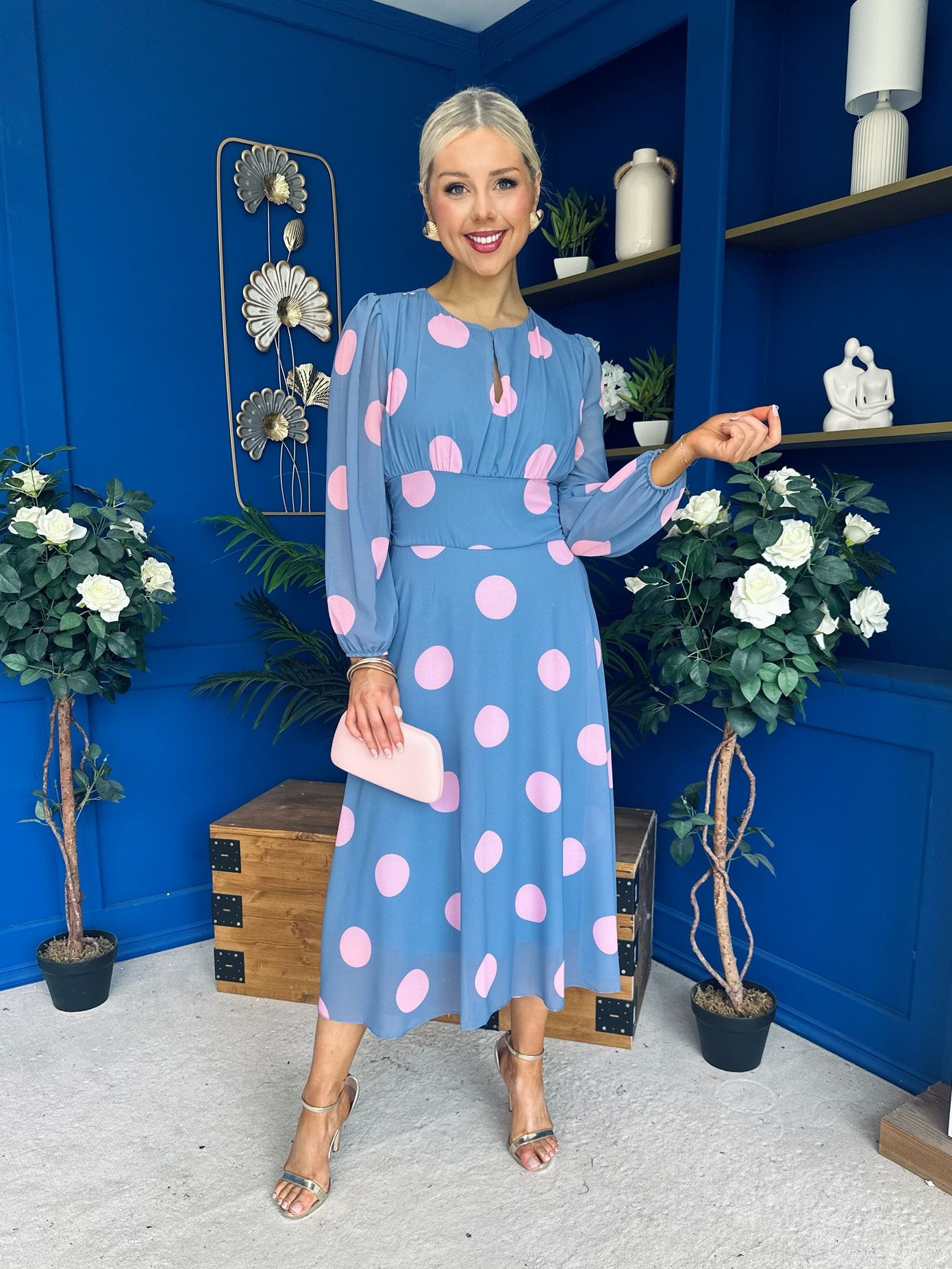 Lucy Detailed Midi Dress Pink Polka Blue