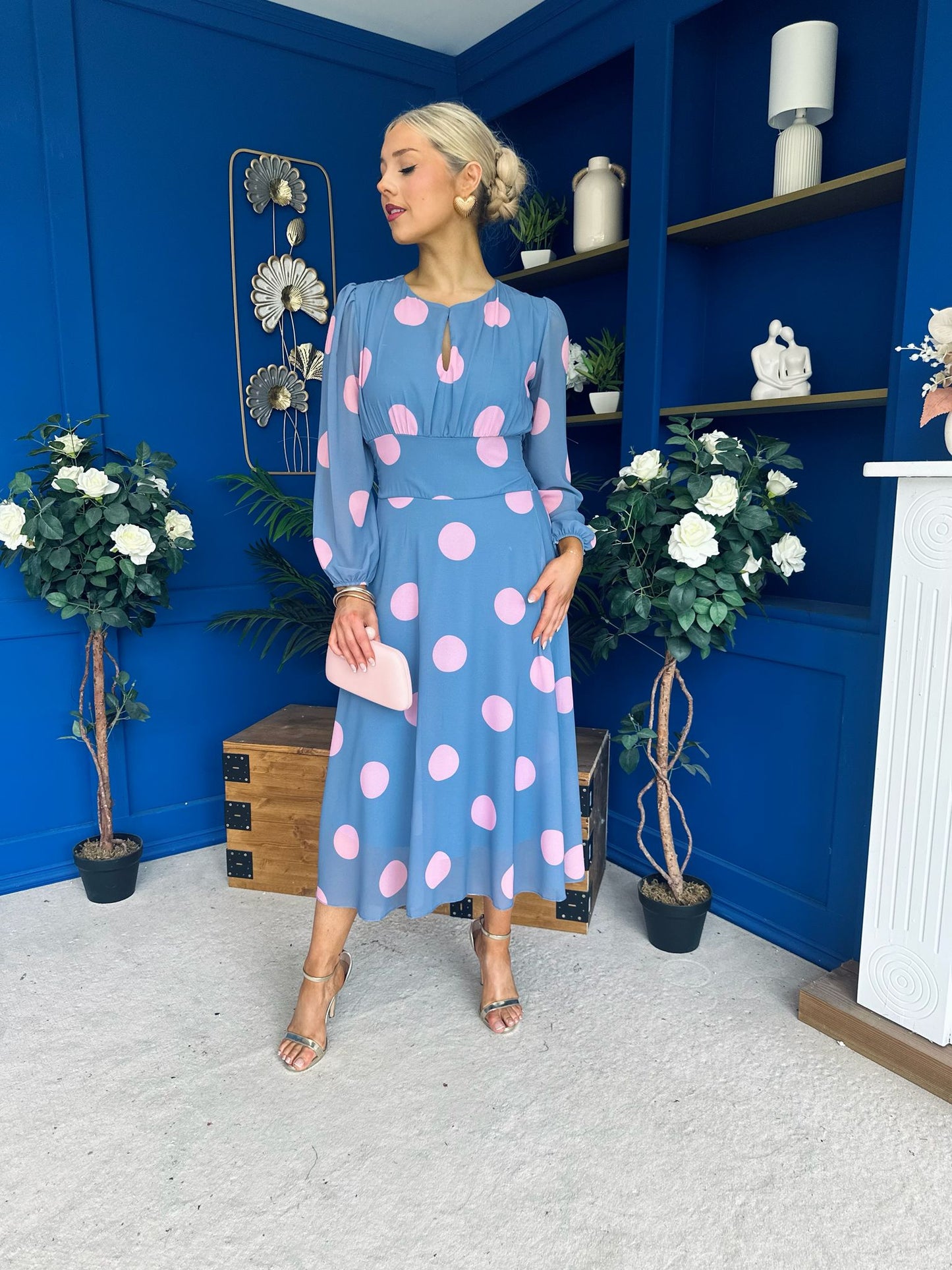 Lucy Detailed Midi Dress Pink Polka Blue