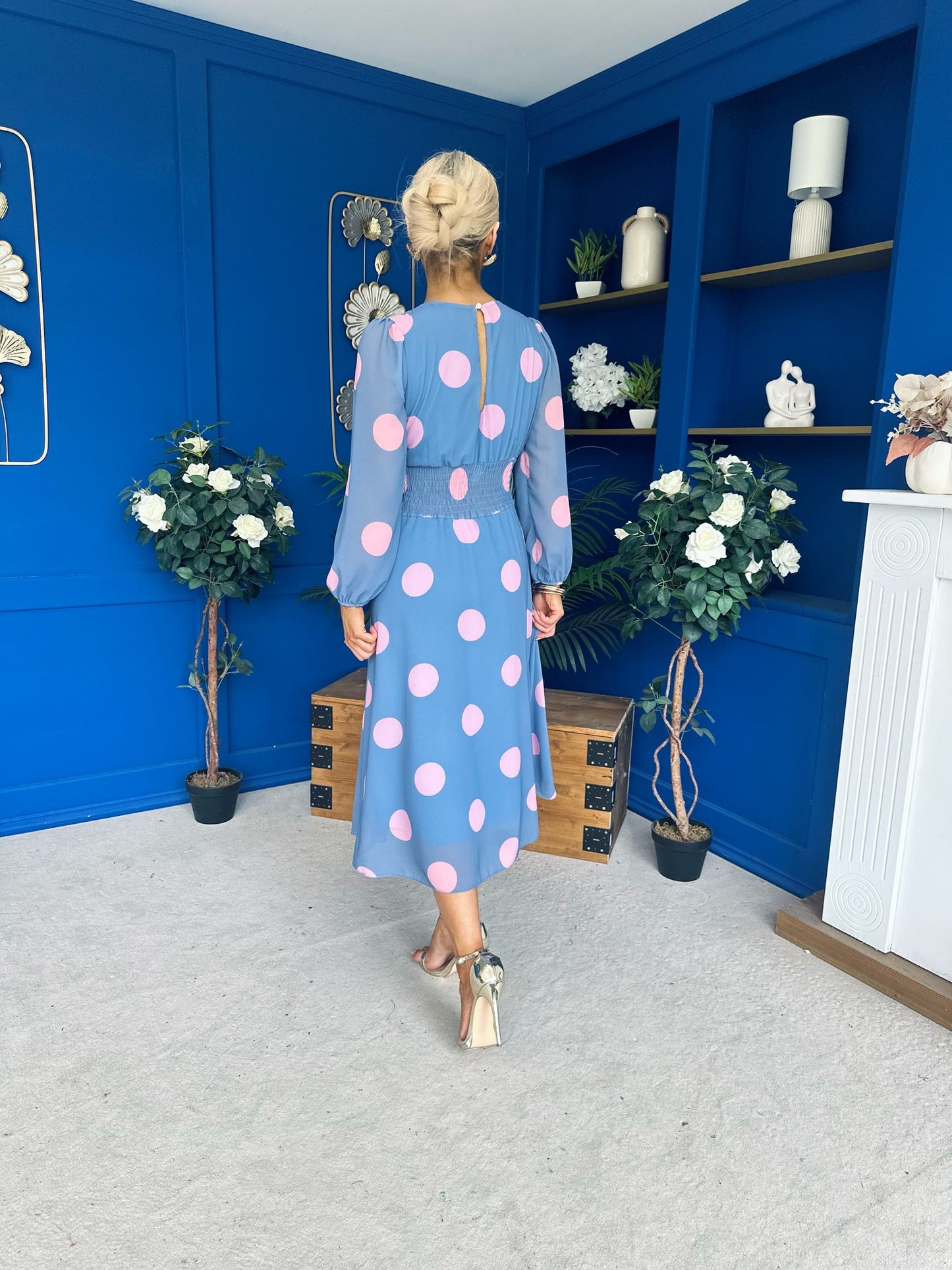 Lucy Detailed Midi Dress Pink Polka Blue