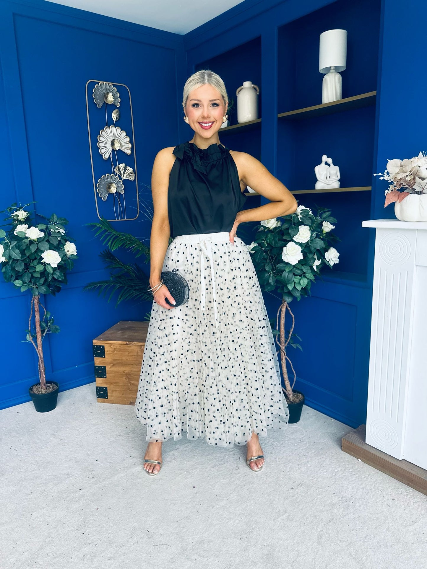 Selena Detailed Tulle Skirt Black Polka Cream
