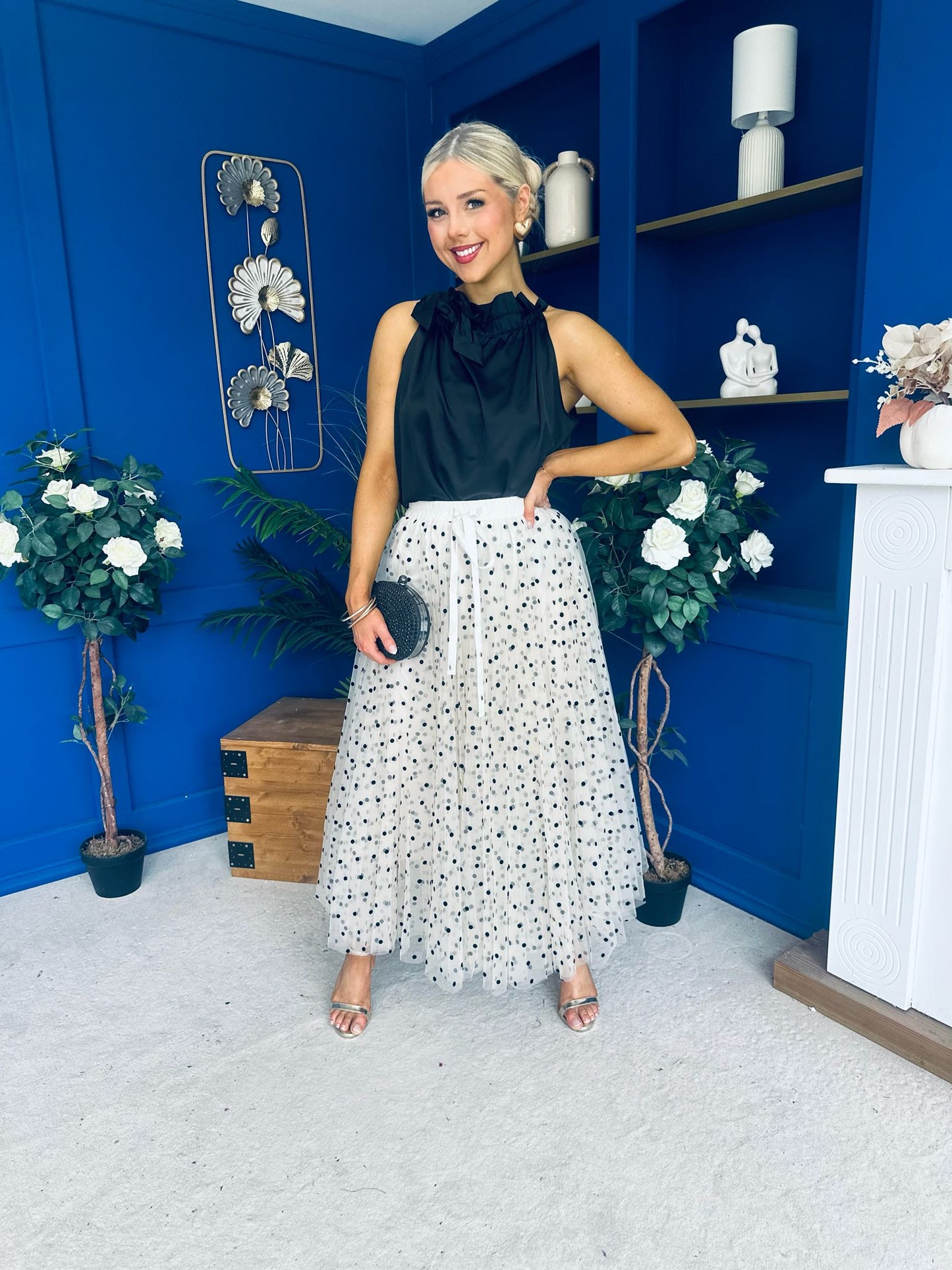 Selena Detailed Tulle Skirt Black Polka Cream