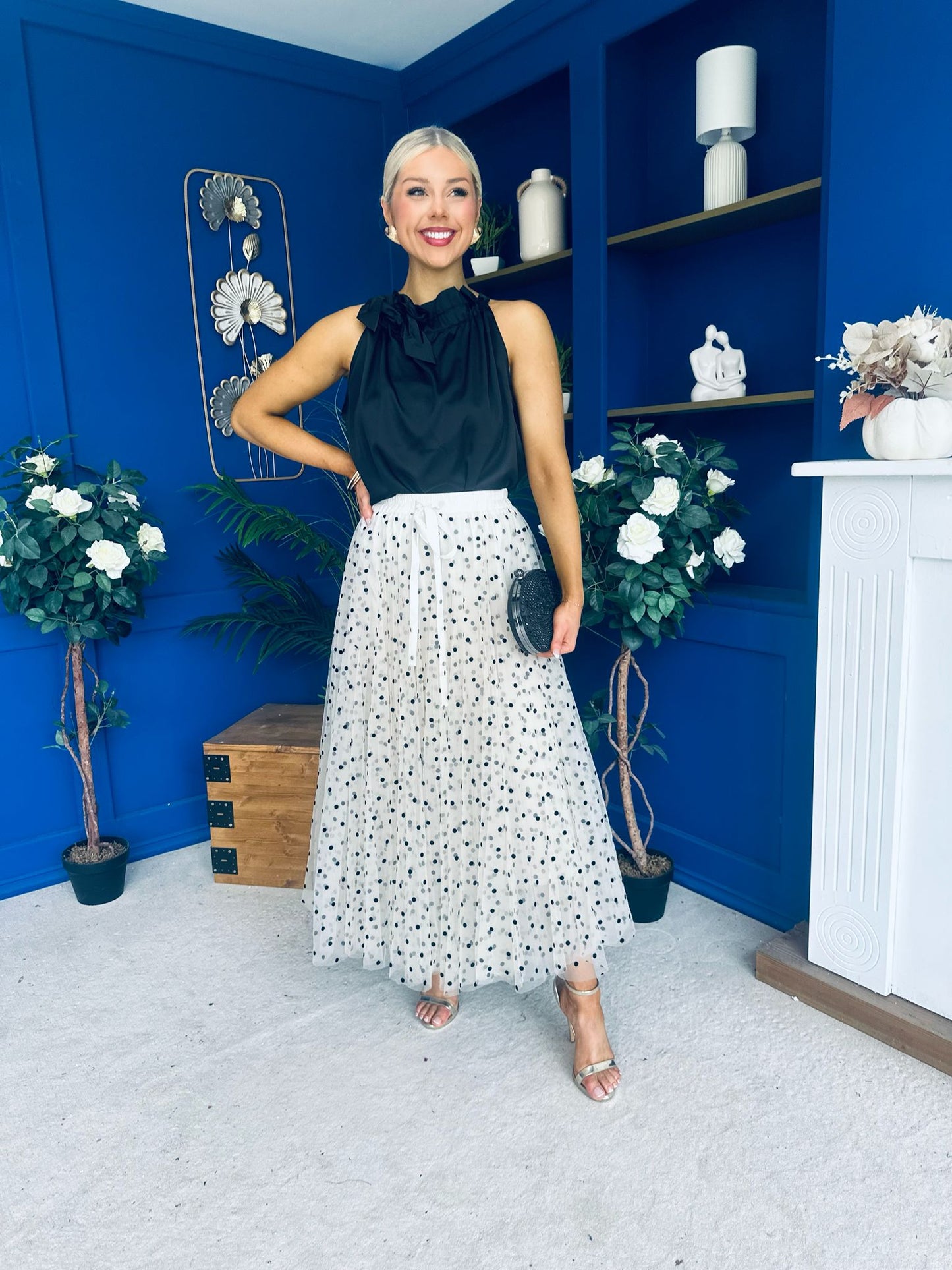 Selena Detailed Tulle Skirt Black Polka Cream