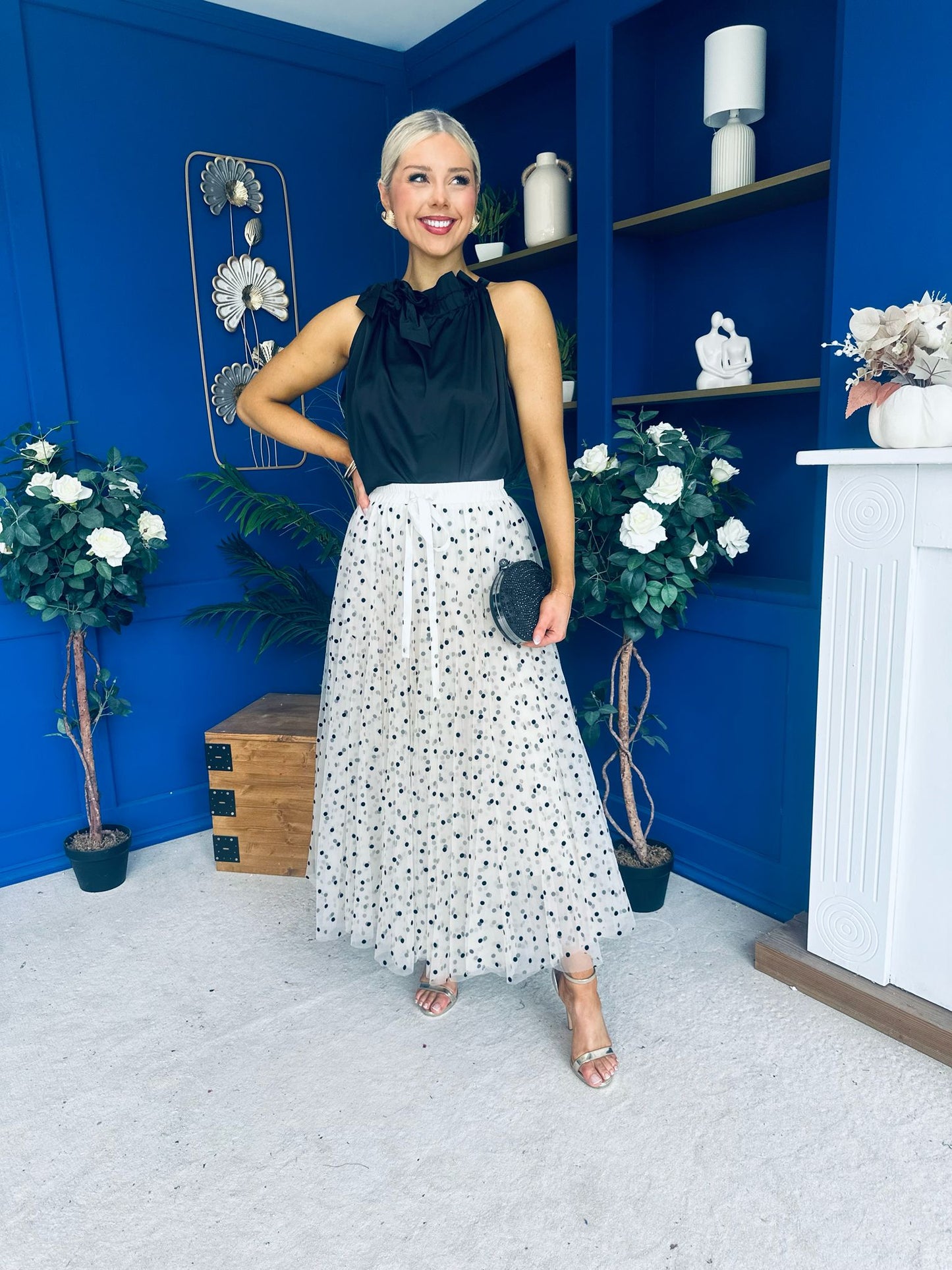 Selena Detailed Tulle Skirt Black Polka Cream