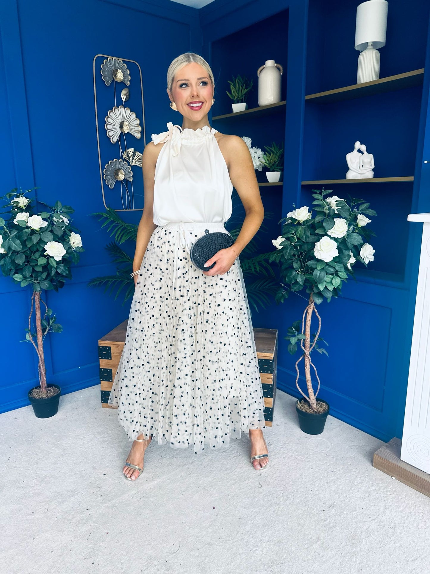 Selena Detailed Tulle Skirt Black Polka Cream