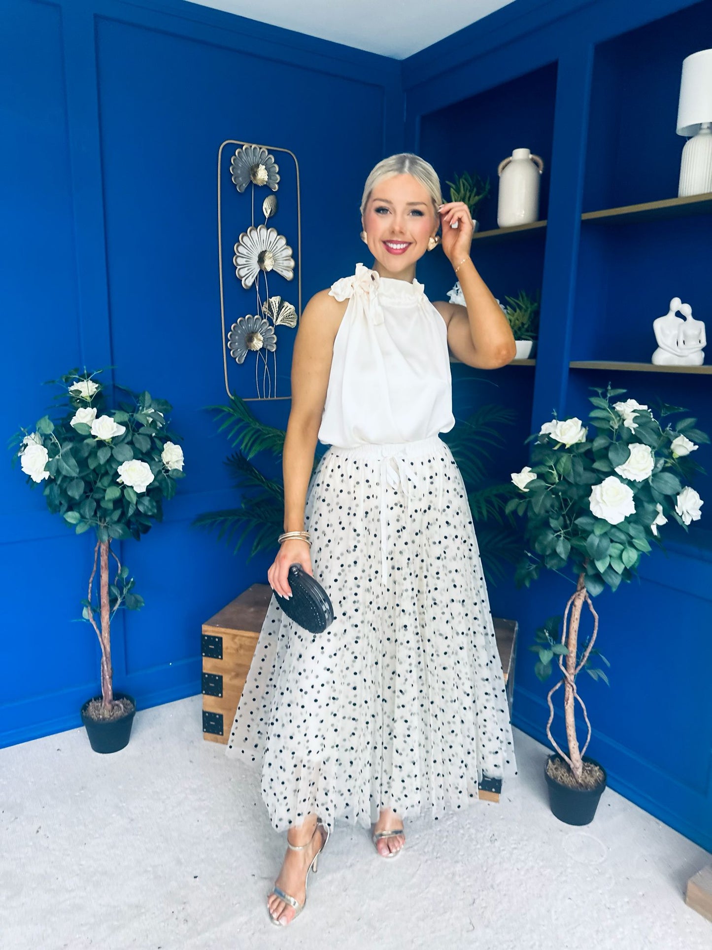 Selena Detailed Tulle Skirt Black Polka Cream