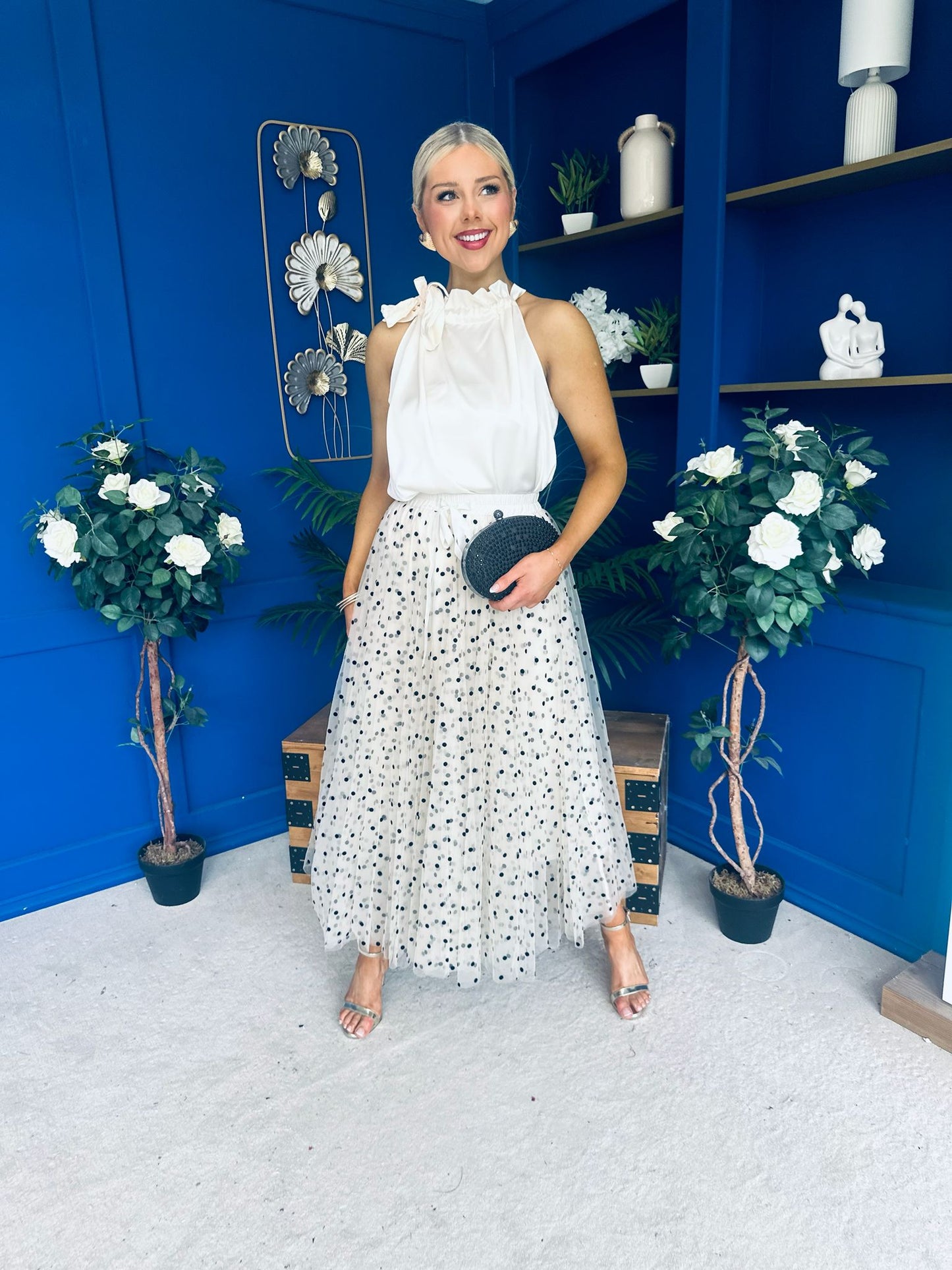 Selena Detailed Tulle Skirt Black Polka Cream