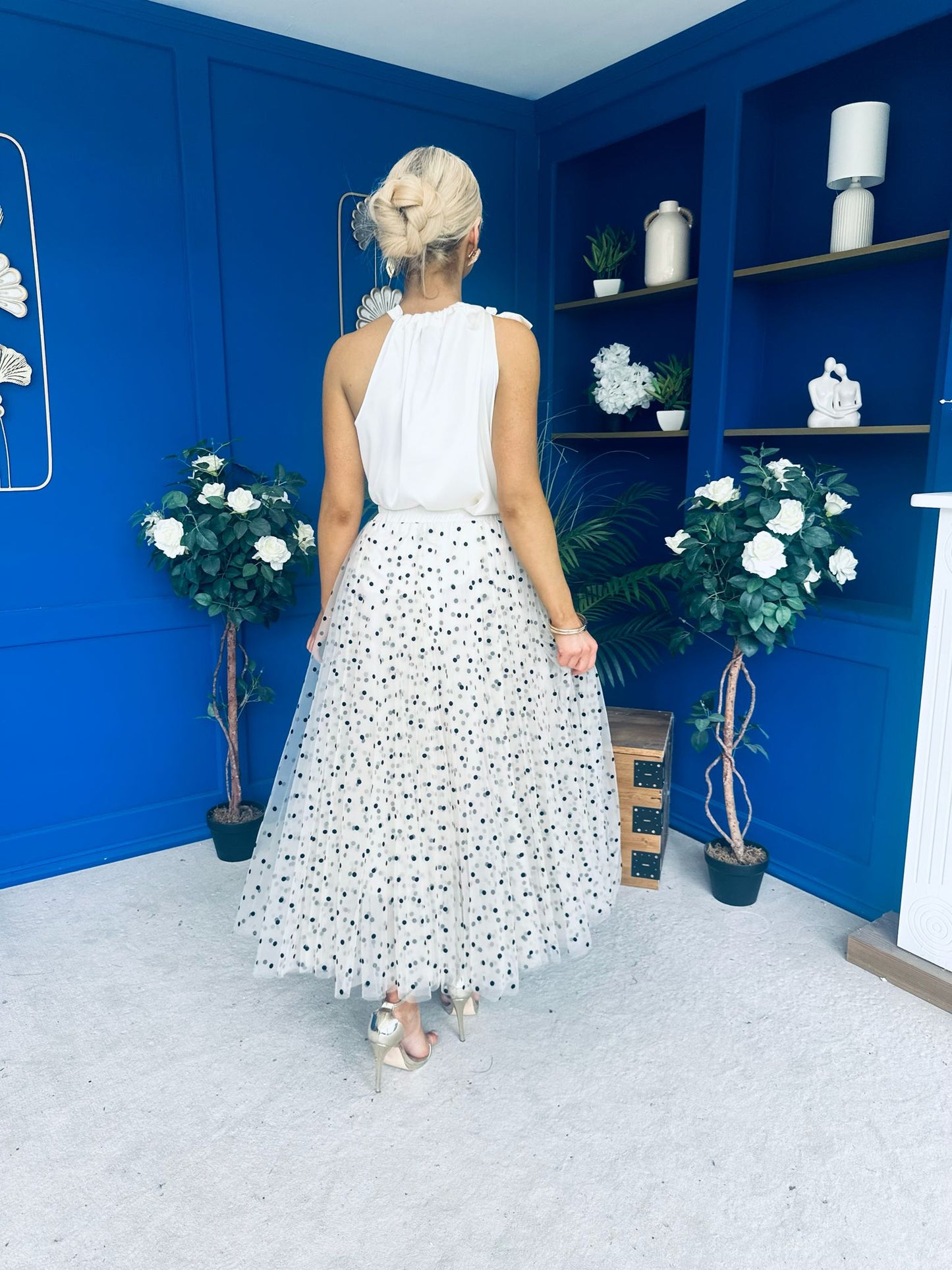 Selena Detailed Tulle Skirt Black Polka Cream