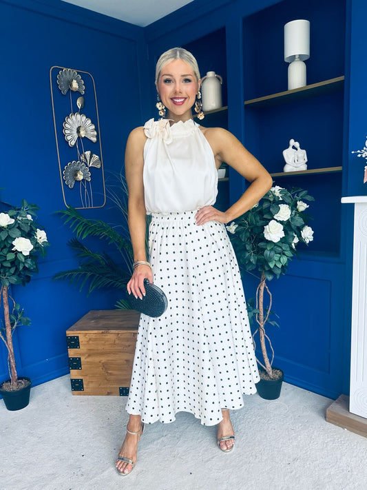 Jessie Satin Midi Skirt Black Polka Cream