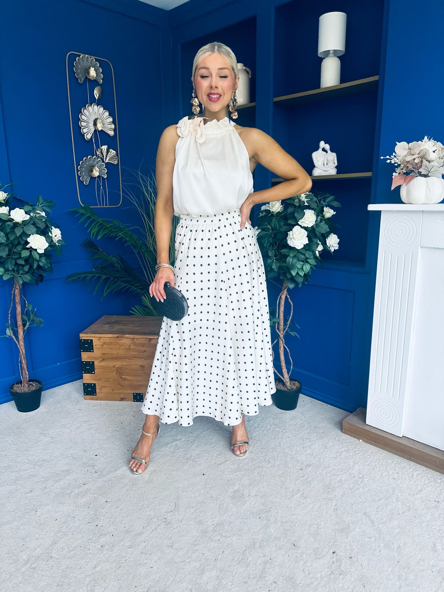 Jessie Satin Midi Skirt Black Polka Cream
