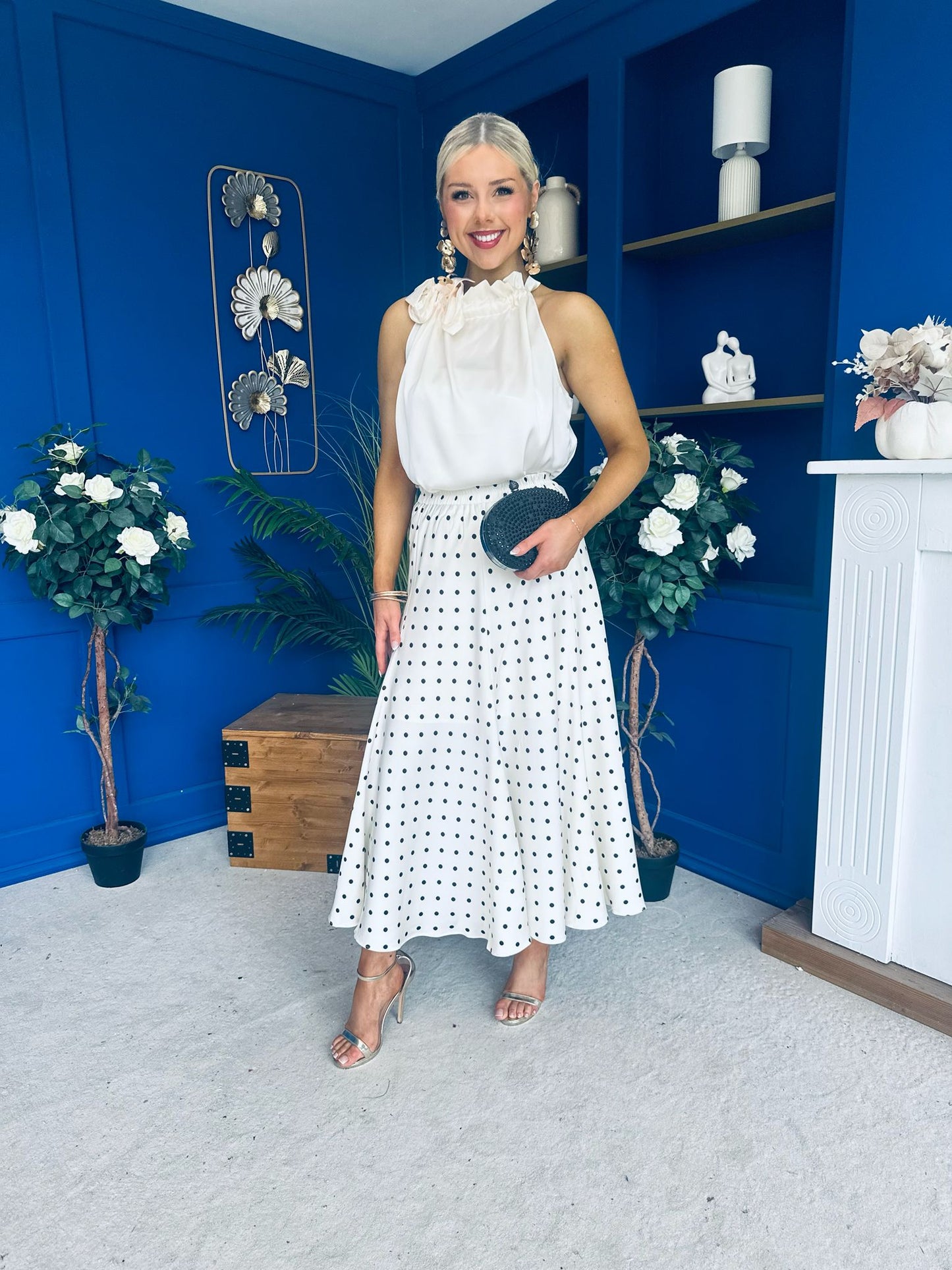Jessie Satin Midi Skirt Black Polka Cream