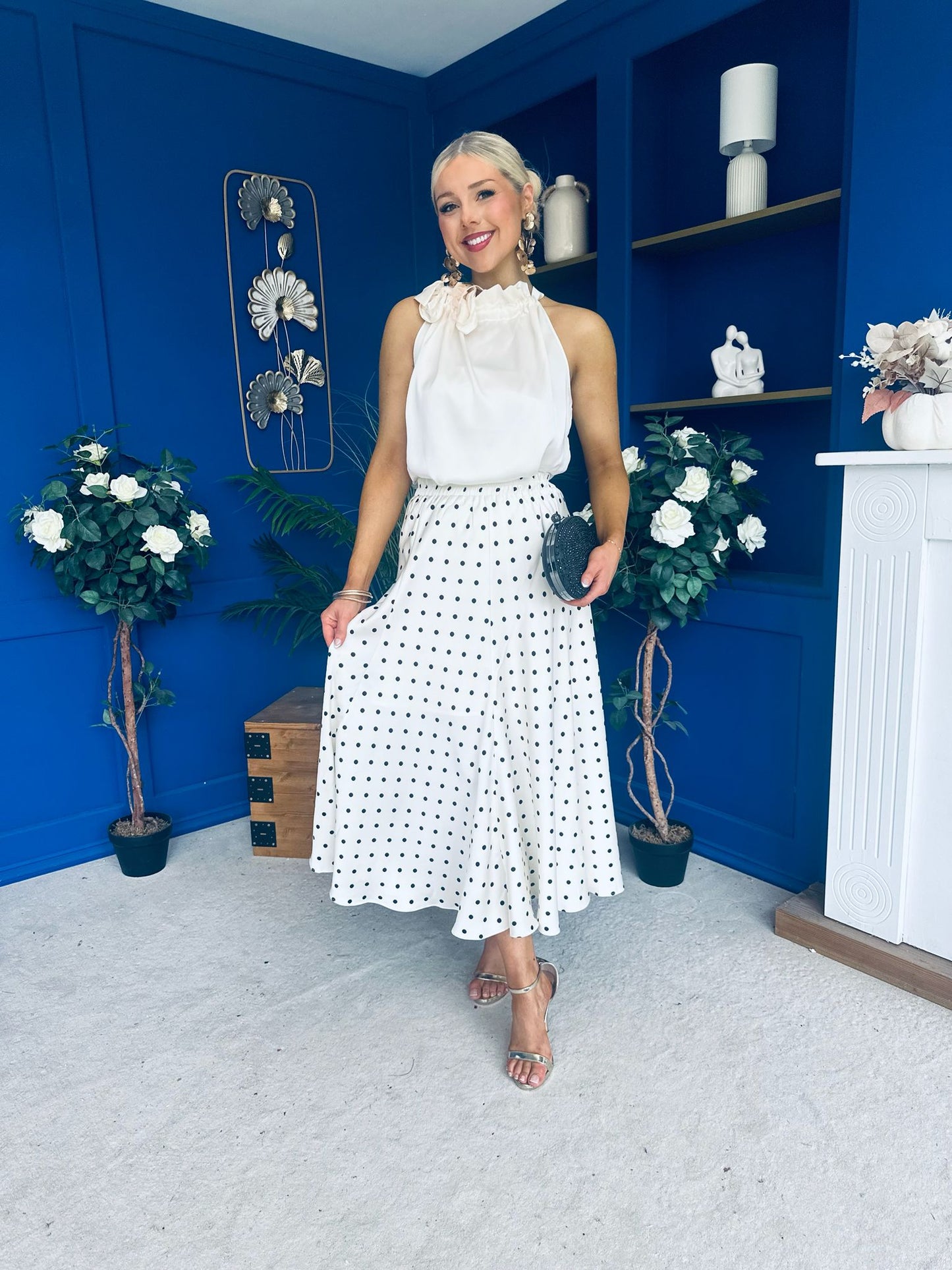 Jessie Satin Midi Skirt Black Polka Cream