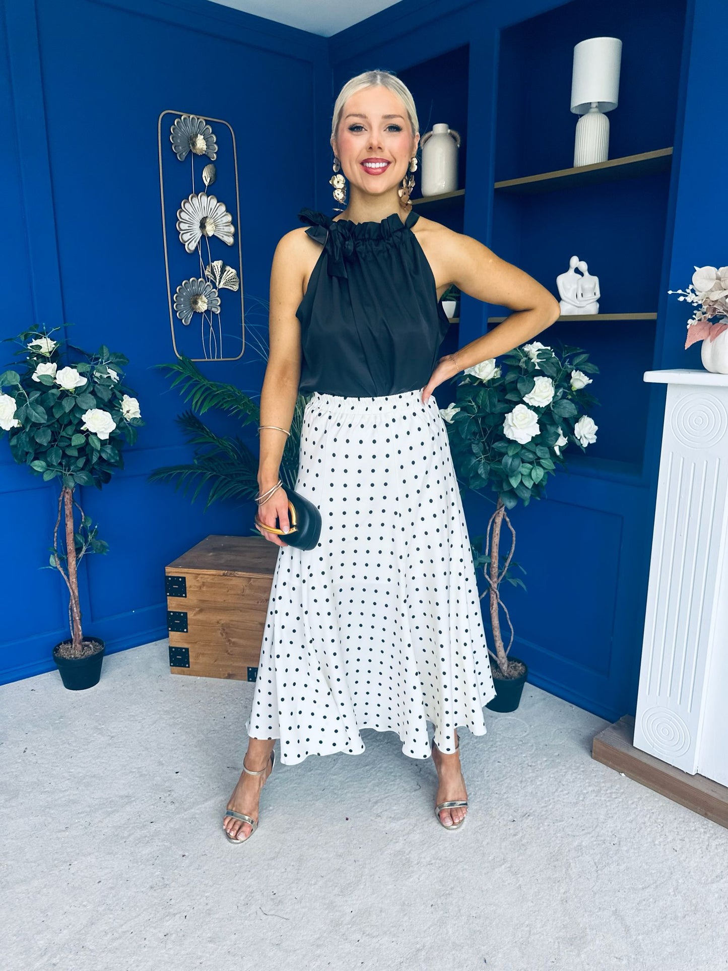 Jessie Satin Midi Skirt Black Polka Cream