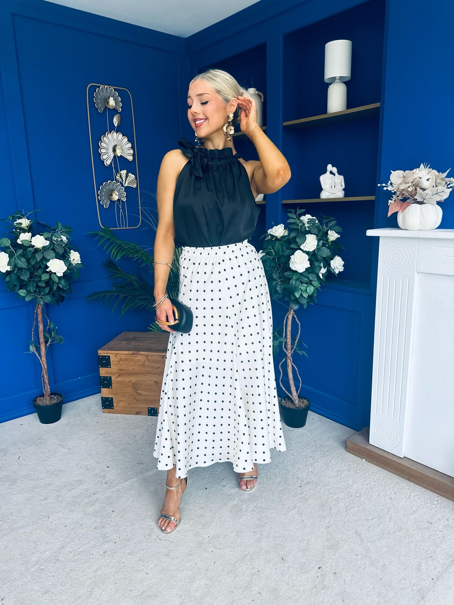 Jessie Satin Midi Skirt Black Polka Cream